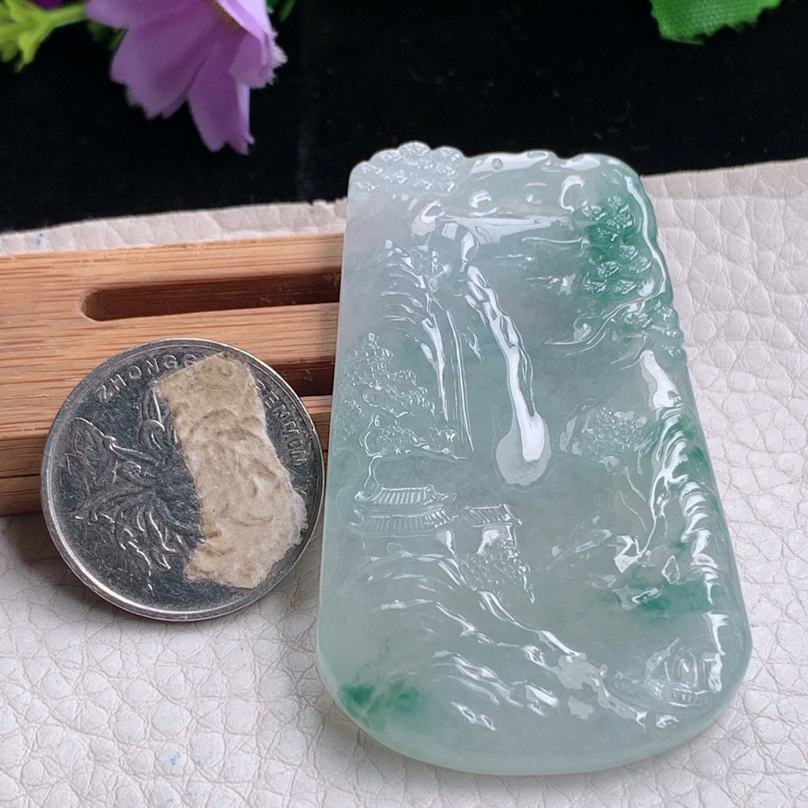 ktj实拍60*36.5*5.7天然缅甸翡翠冰透飘花山水牌吊坠高山流水项坠