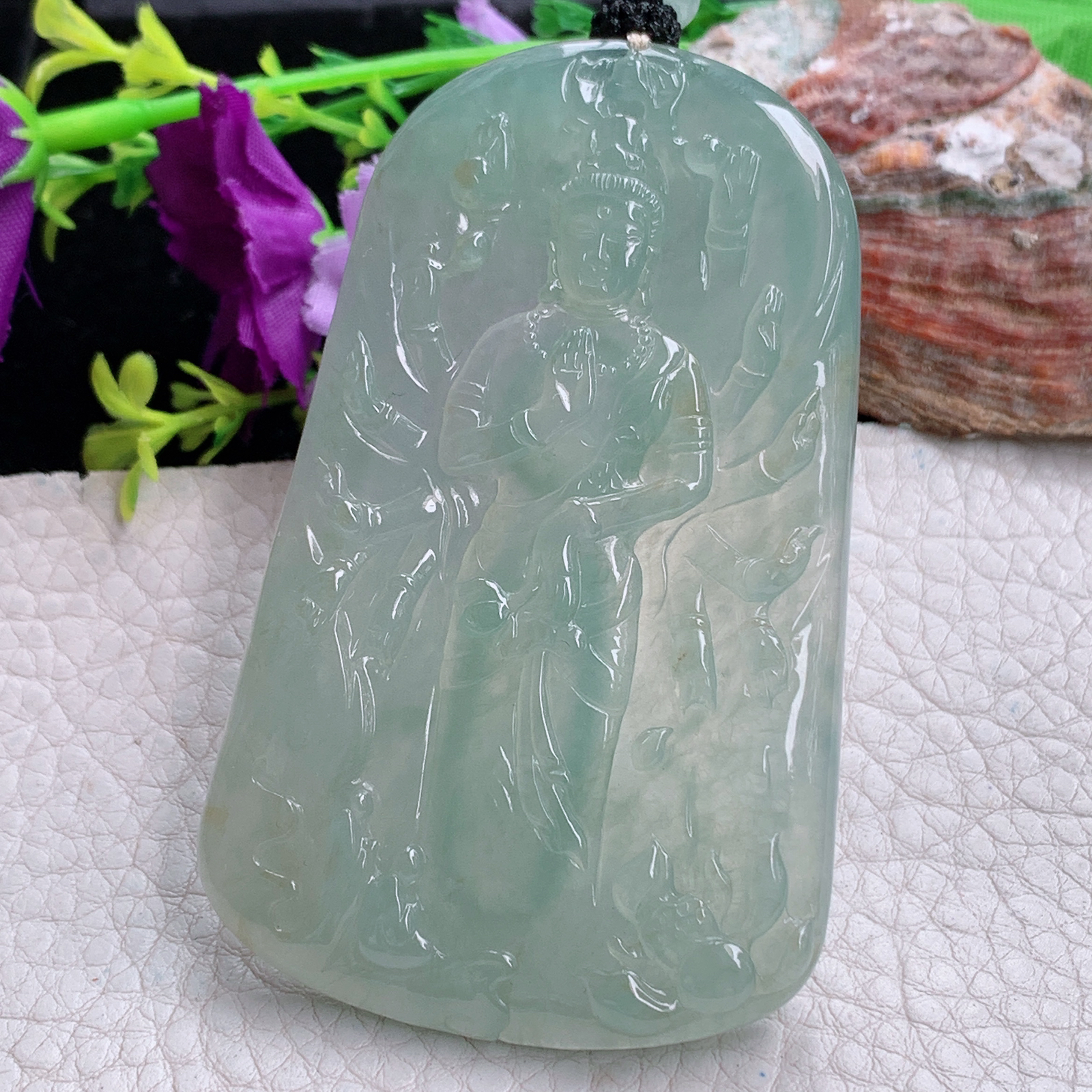 Csy实拍75.3*46.5*6.3缅甸翡翠睛水绿千手观音吊坠站观音菩萨