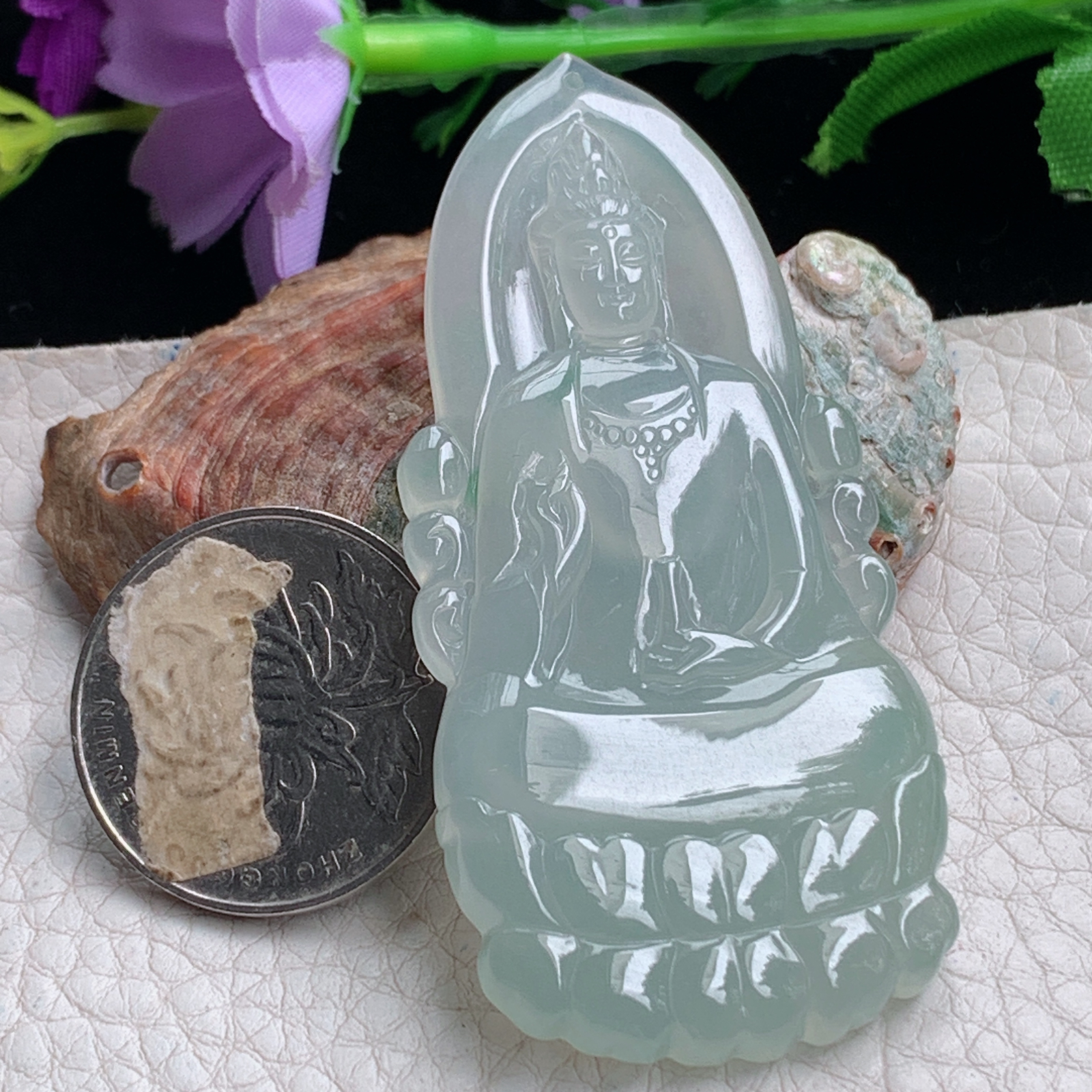 kh实拍63.2*34.6*5.5天然缅甸翡翠冰透飘花御龙观音吊坠虚空藏菩萨