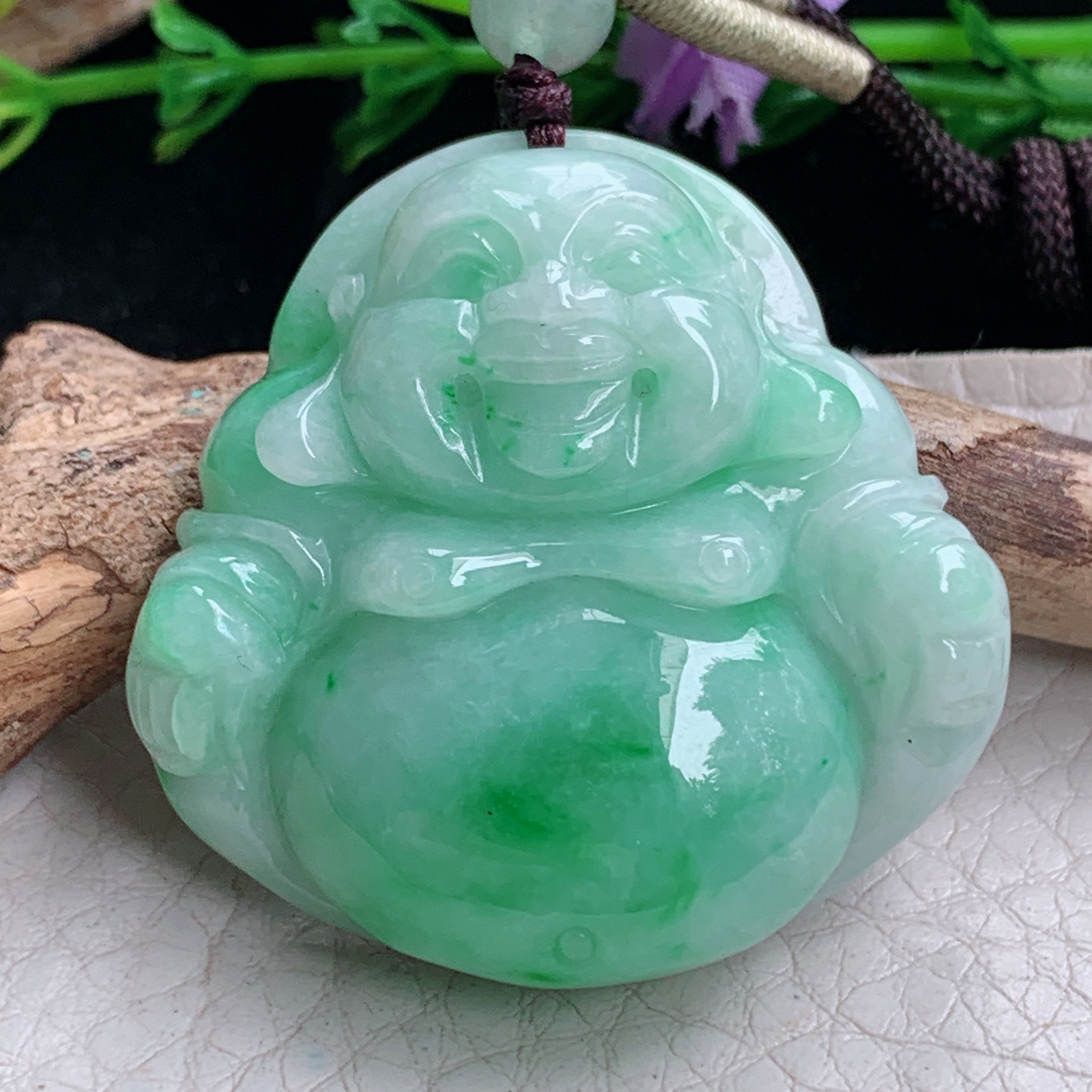 zen实拍37.3*38*11.5缅甸天然翡翠a货精雕清爽辣绿佛公玉项坠 玉挂件