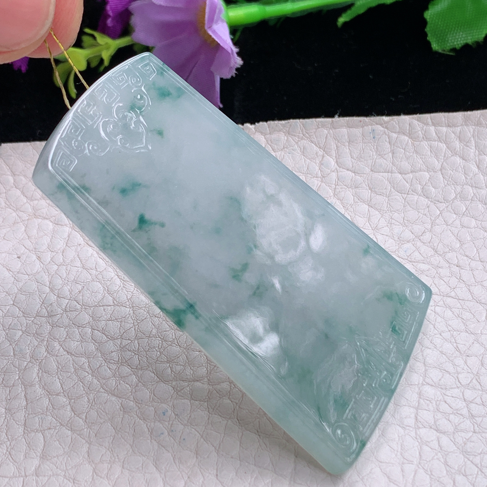 ktj实拍67*40*5.2天然缅甸翡翠冰飘花雕花平安无事牌吊坠四六牌男款素牌