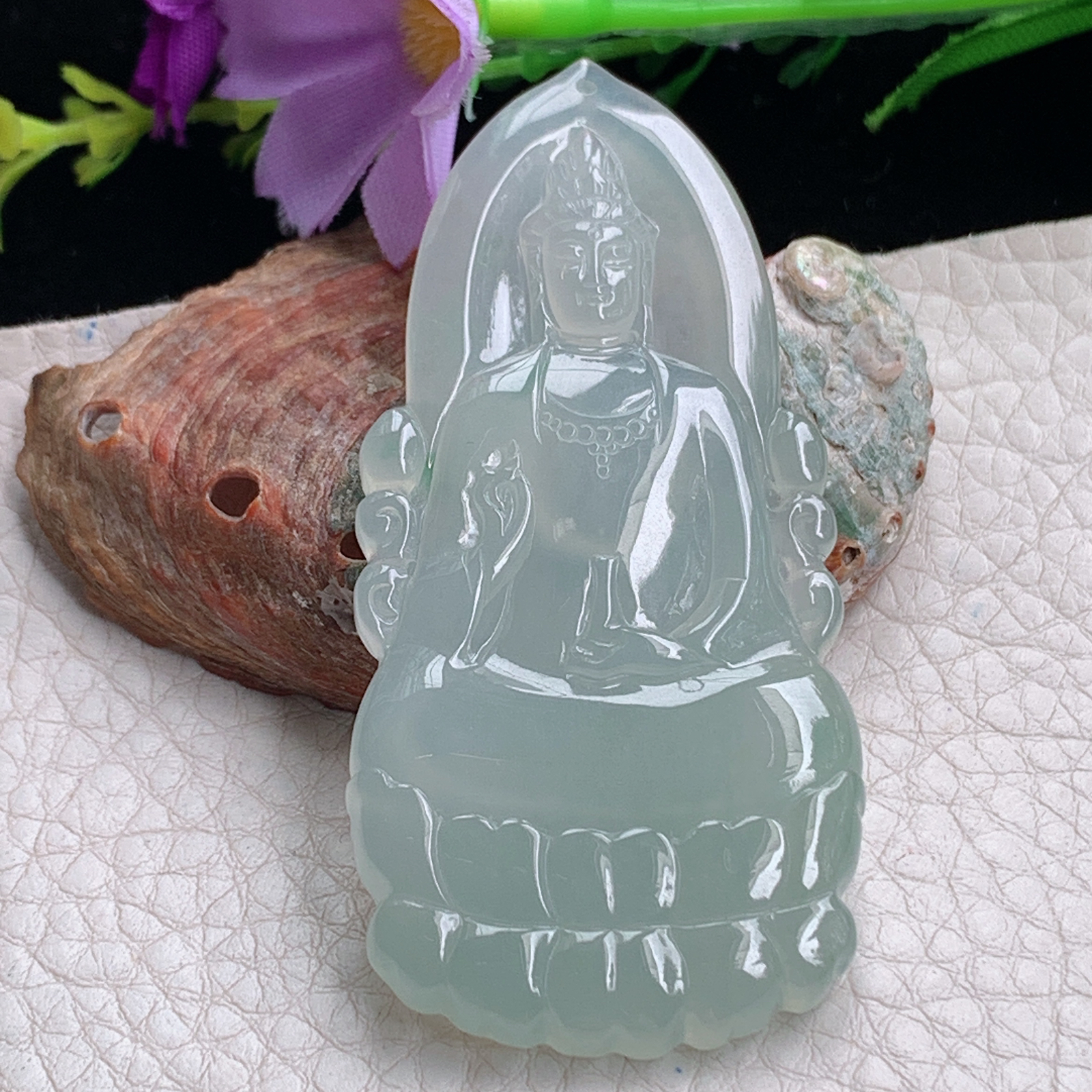 kh实拍65.3*31*5.2天然缅甸翡翠冰透淡绿素衣观音吊坠生肖守护神菩萨
