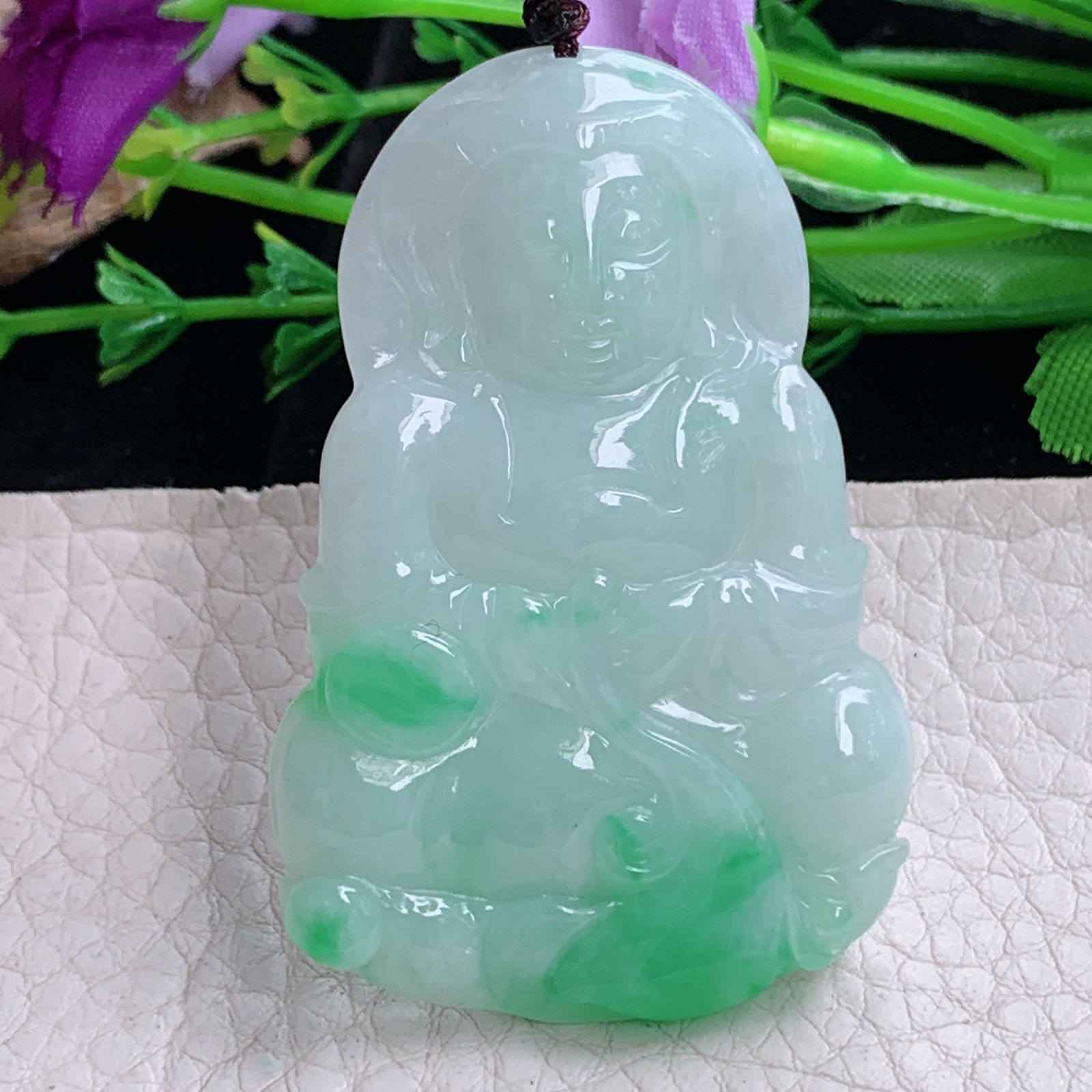 zen实拍52.8*35.5*5.6缅甸天然翡翠a货精雕清爽飘阳绿观音玉项坠 玉挂件