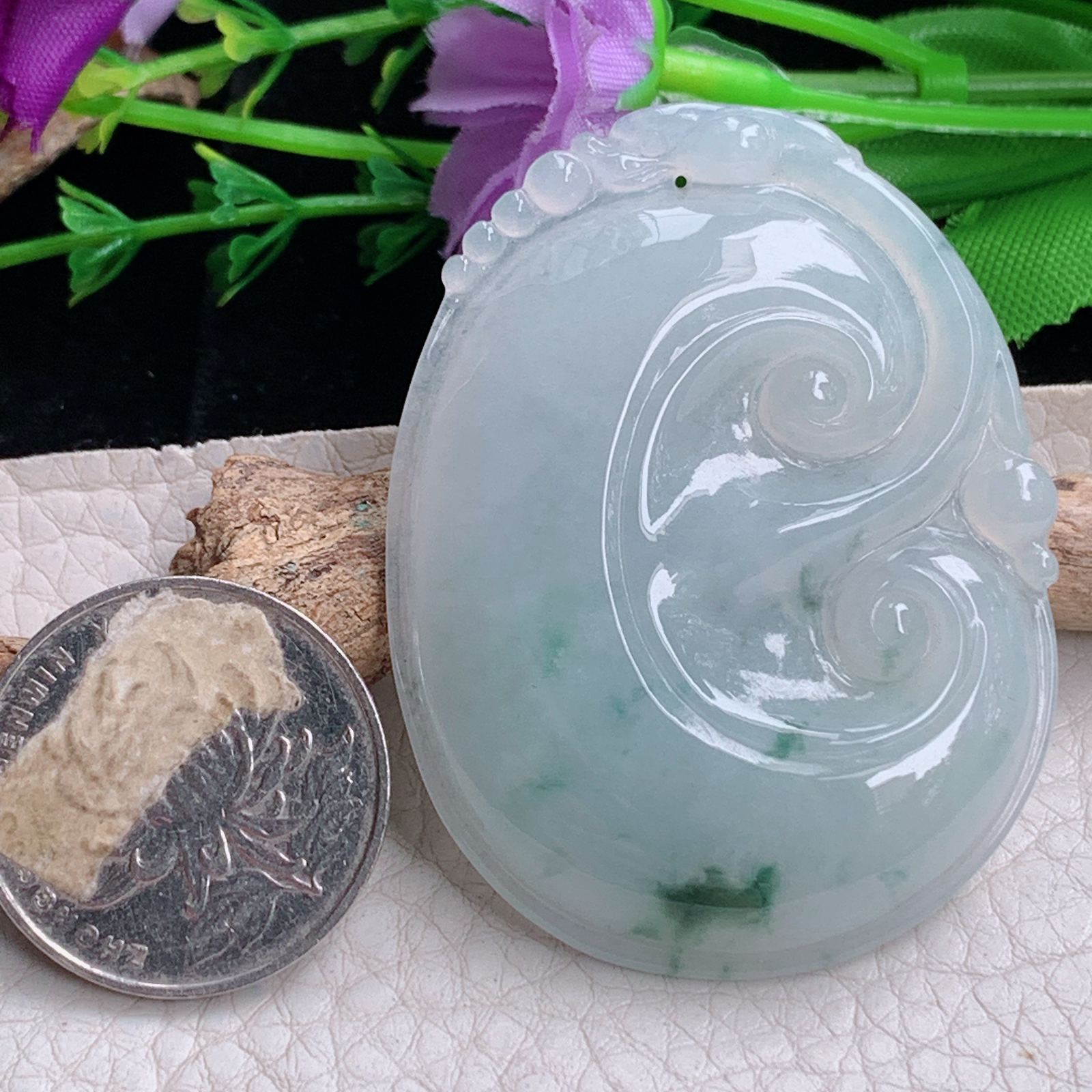 zen实拍53.8*41*6缅甸天然翡翠a货精雕清爽飘花大如意玉项坠 玉挂件