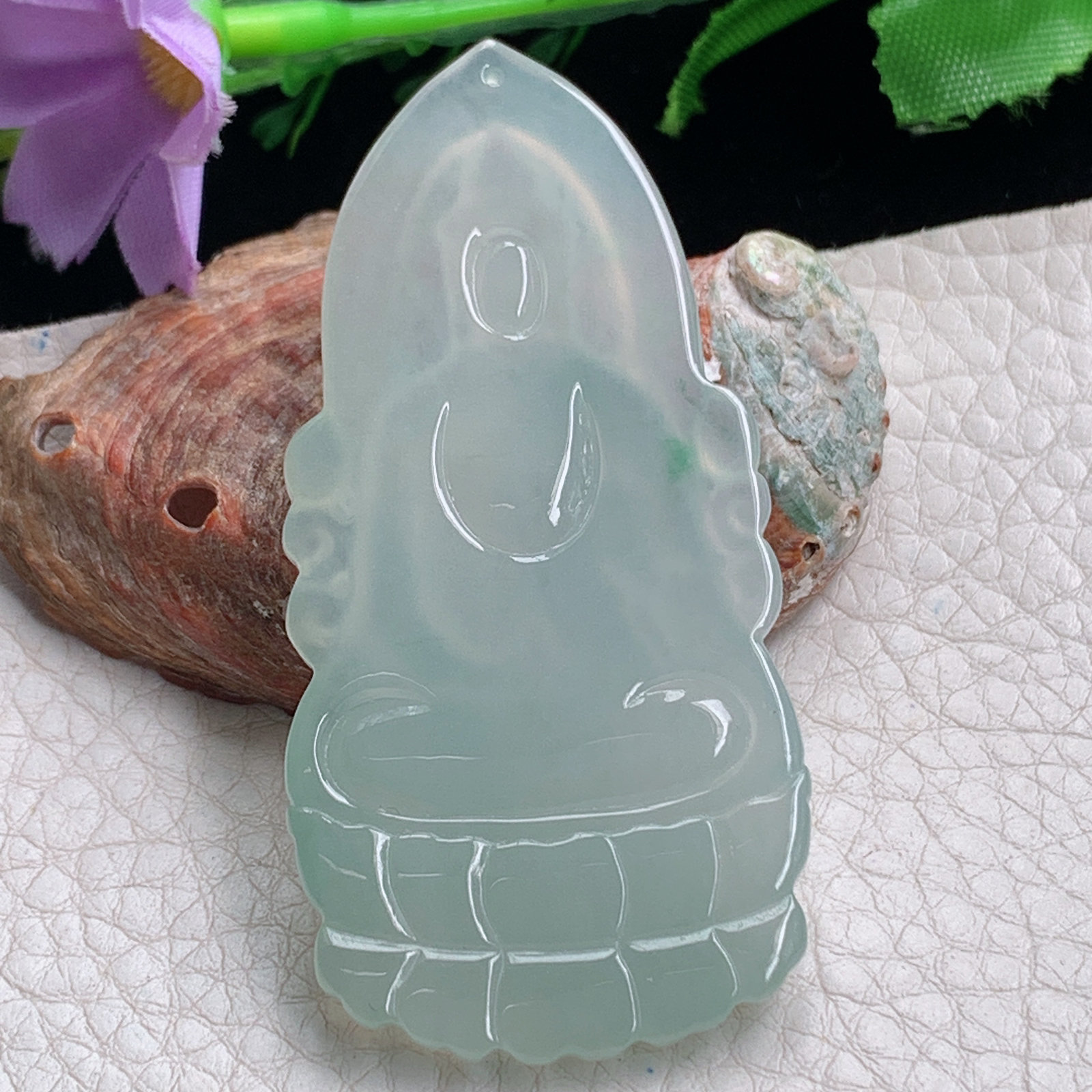 kh实拍65.3*31*5.2天然缅甸翡翠冰透淡绿素衣观音吊坠生肖守护神菩萨