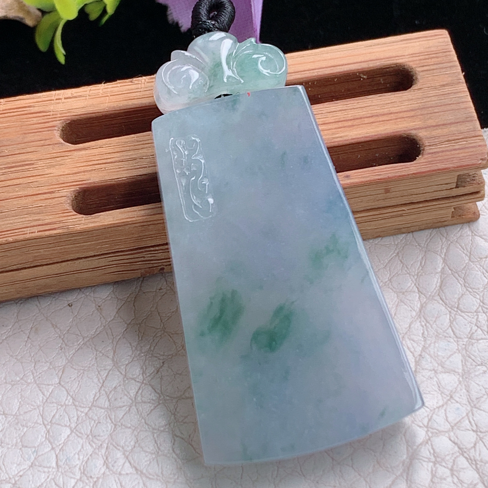 sx实拍41.8*25*6.5天然缅甸翡翠紫罗兰冰飘花平安无事牌吊坠祥云福牌