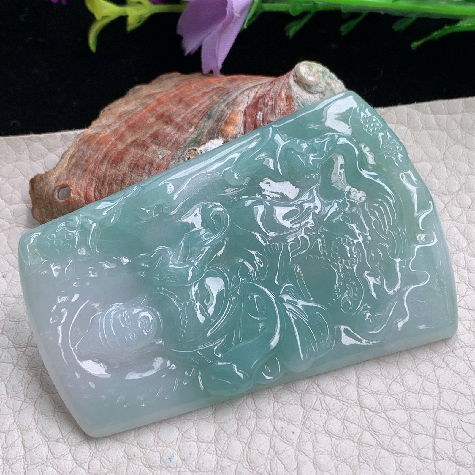 kh实拍69.2*45*5天然缅甸翡翠冰飘花普贤观音吊坠 守护神菩萨