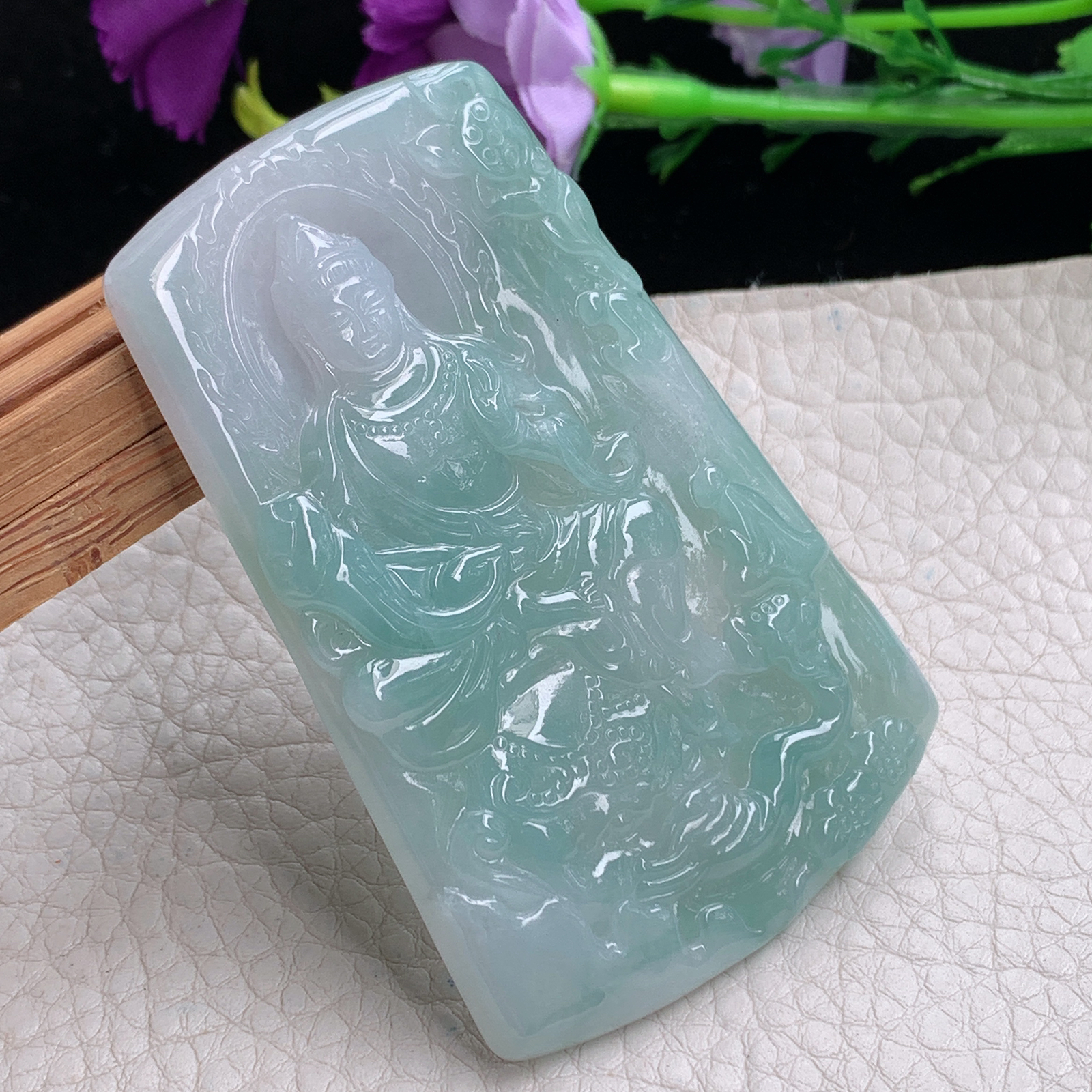 kh实拍69.2*45*5天然缅甸翡翠冰飘花普贤观音吊坠 守护神菩萨