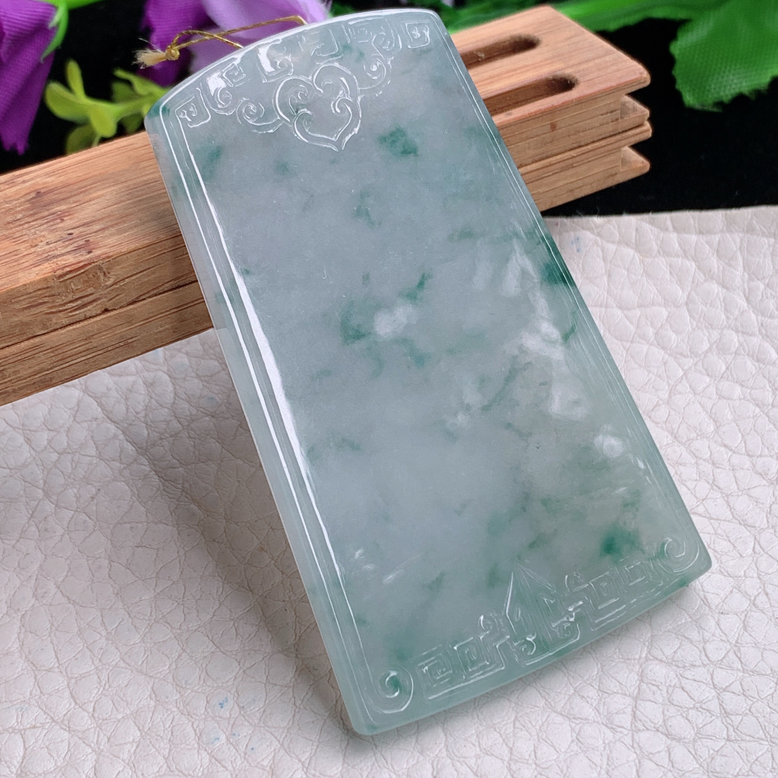 ktj实拍67*40*5.2天然缅甸翡翠冰飘花雕花平安无事牌吊坠四六牌男款素牌