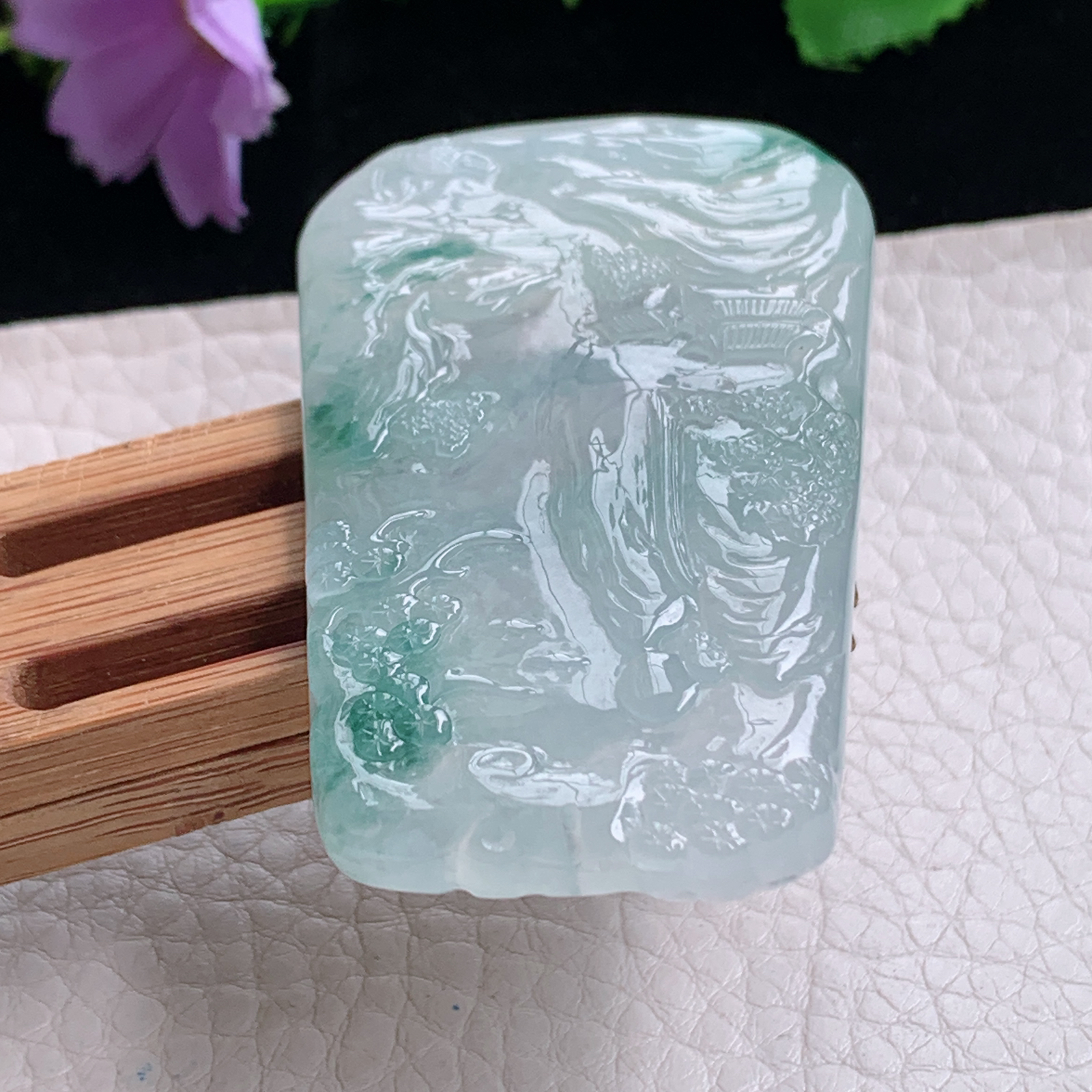 ktj实拍60*36.5*5.7天然缅甸翡翠冰透飘花山水牌吊坠高山流水项坠