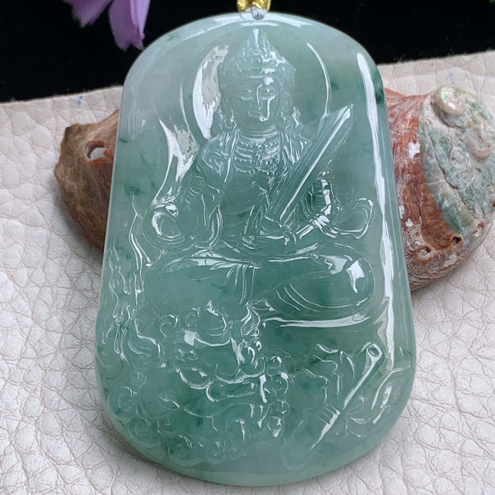 rp实拍64*38.6*5.8天然缅甸翡翠冰透飘花文殊观音吊坠生肖守护神菩萨