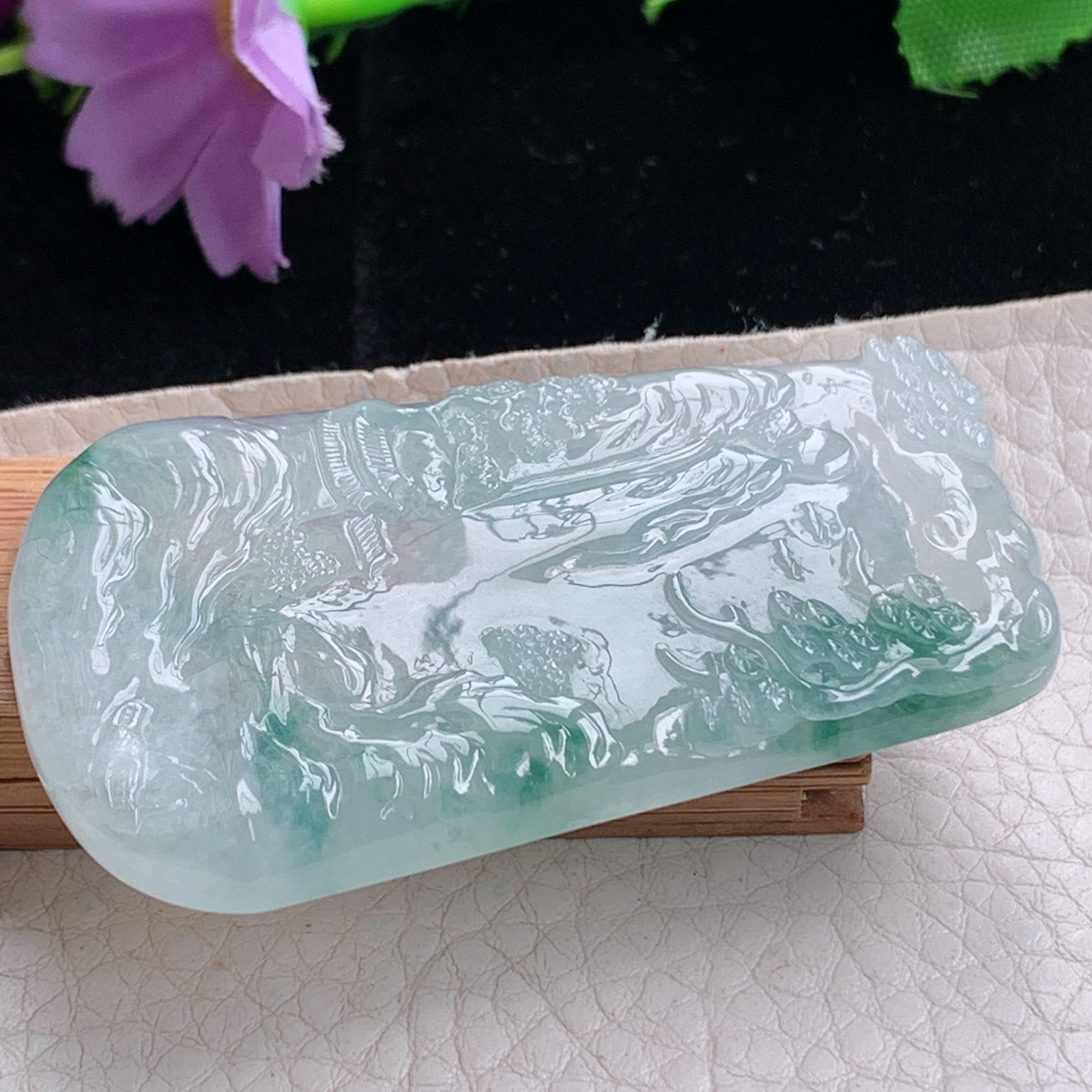 ktj实拍60*36.5*5.7天然缅甸翡翠冰透飘花山水牌吊坠高山流水项坠