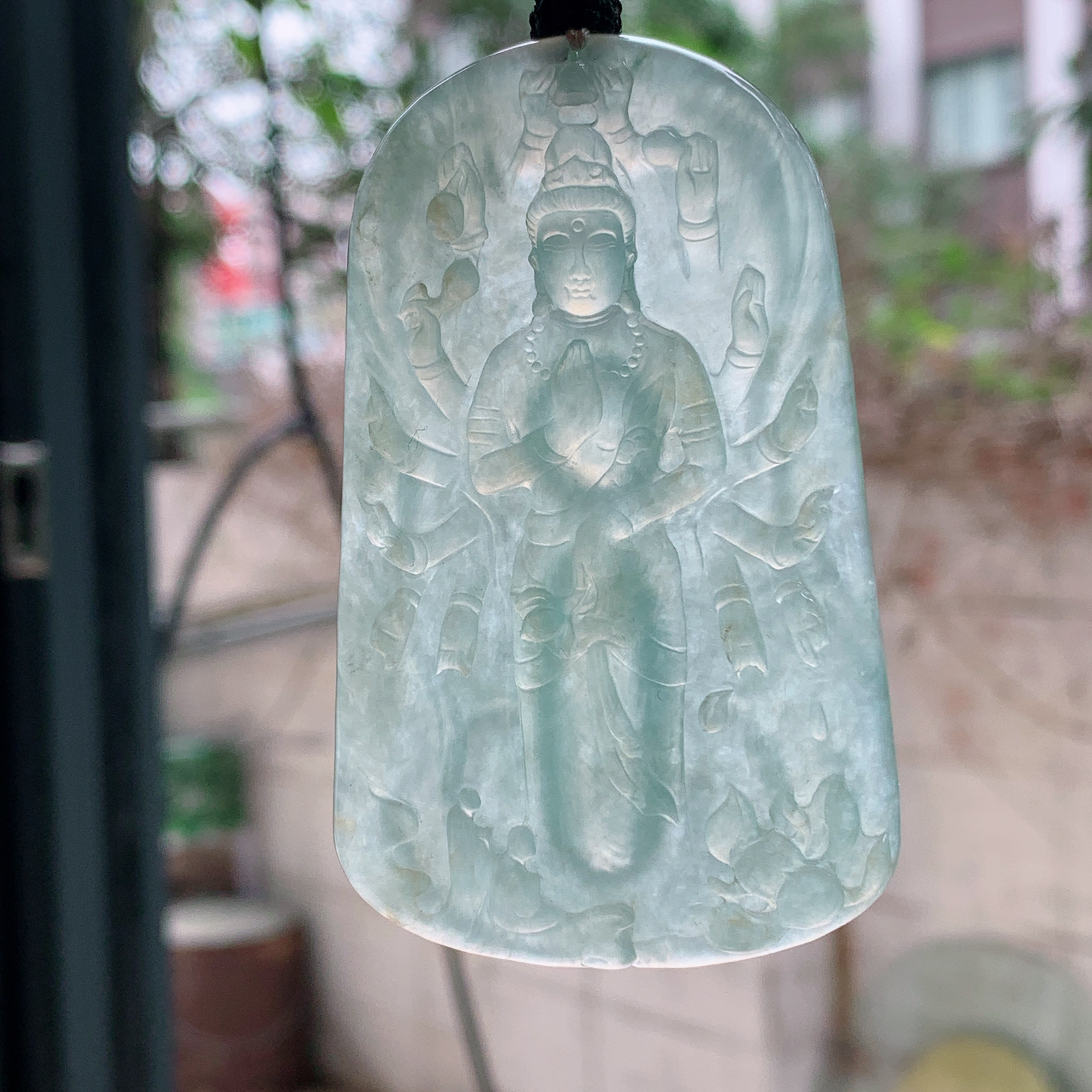 Csy实拍75.3*46.5*6.3缅甸翡翠睛水绿千手观音吊坠站观音菩萨