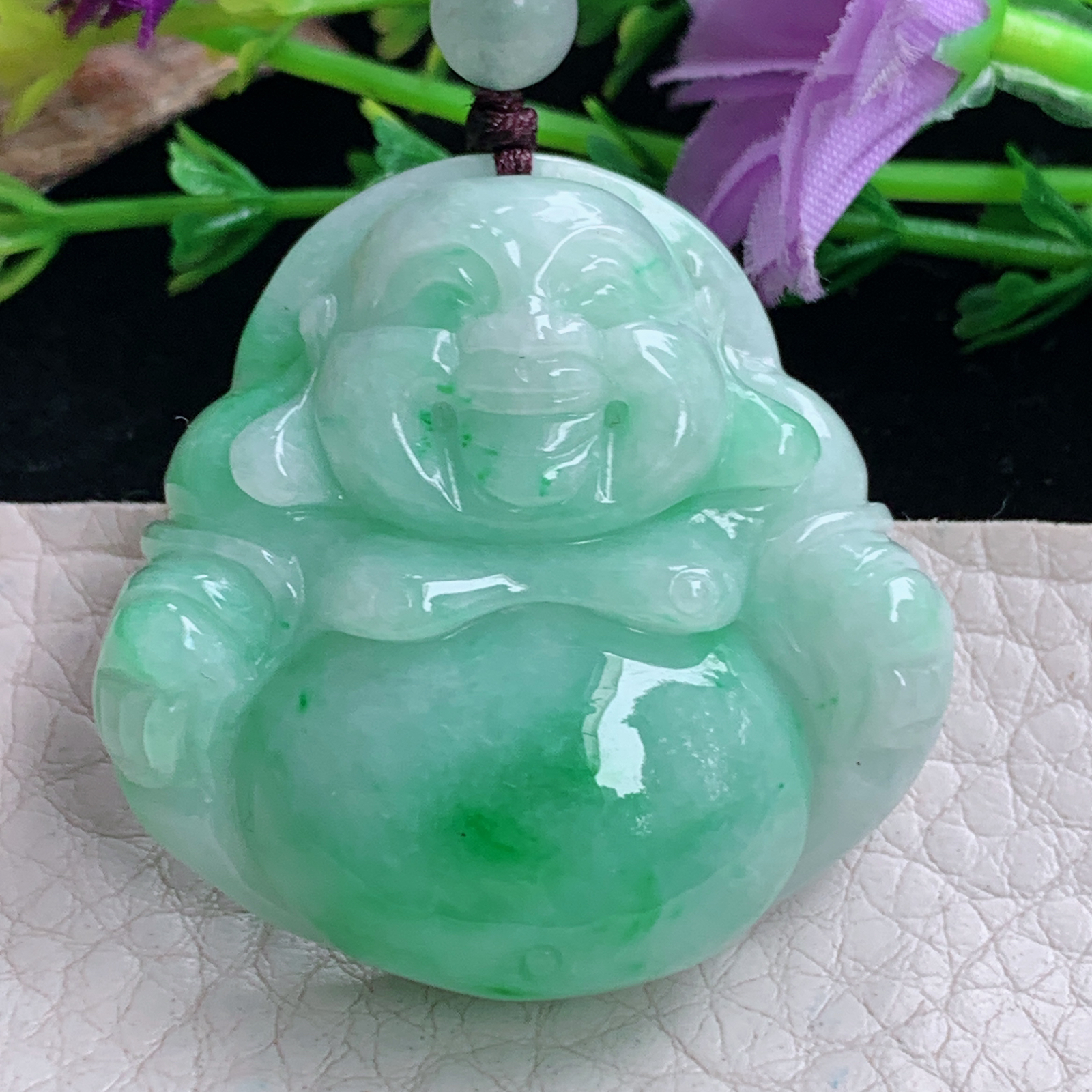 zen实拍37.3*38*11.5缅甸天然翡翠a货精雕清爽辣绿佛公玉项坠 玉挂件