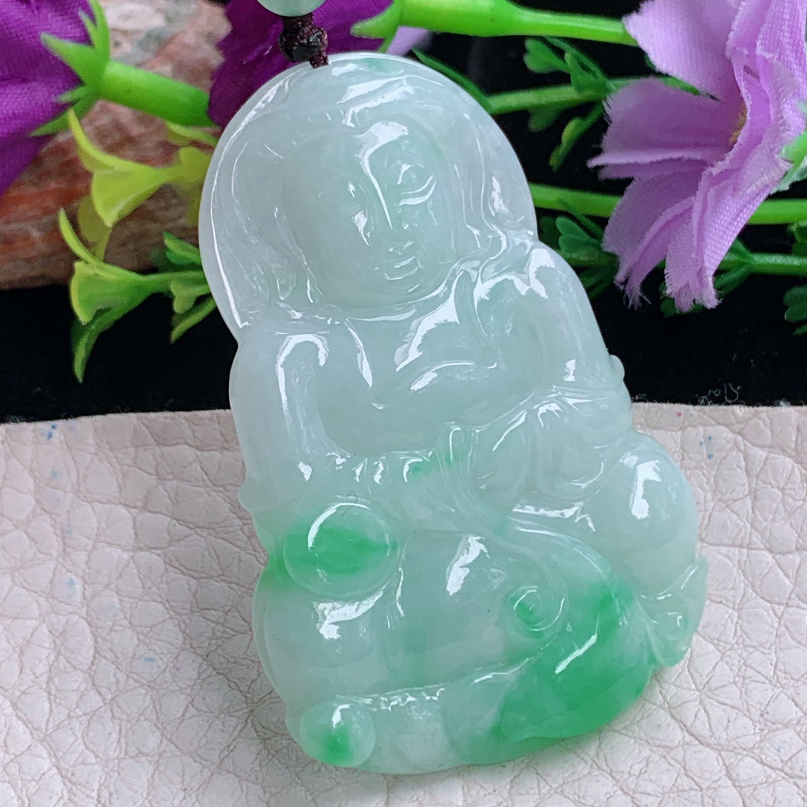 zen实拍52.8*35.5*5.6缅甸天然翡翠a货精雕清爽飘阳绿观音玉项坠 玉挂件