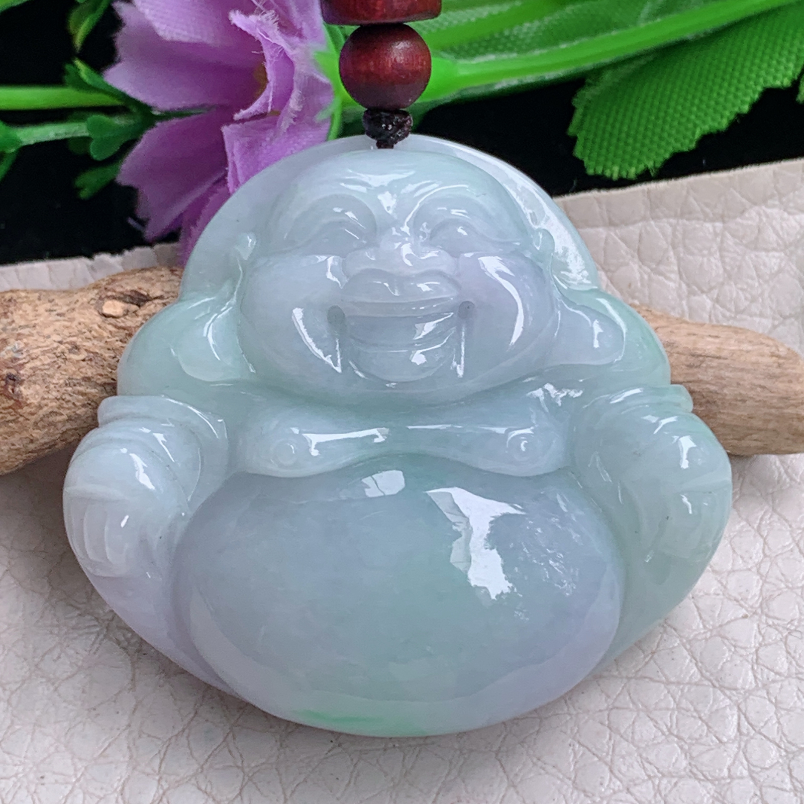 zen实拍41*45*11.3缅甸天然翡翠a货精雕春带彩佛公玉项坠 玉挂件