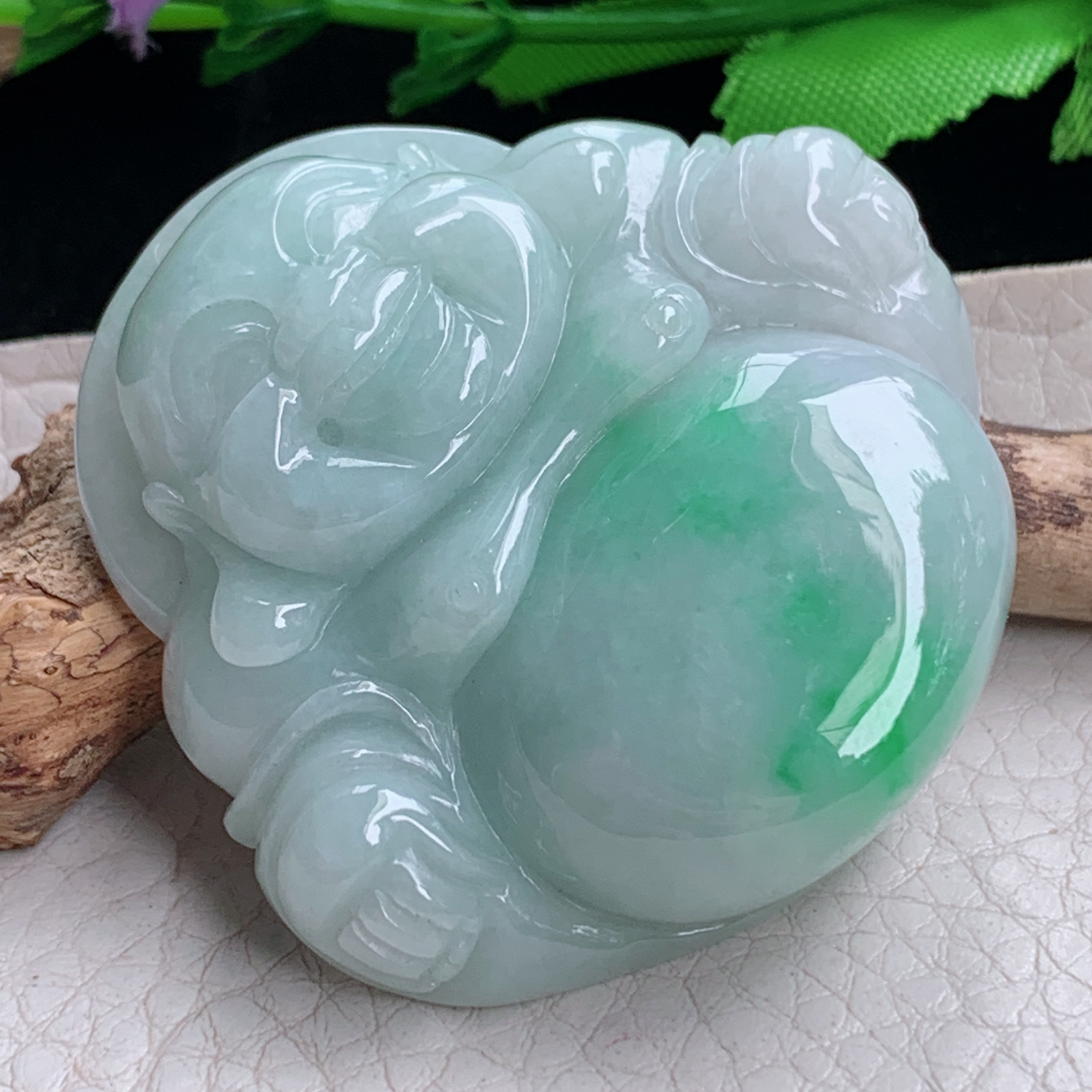 zen实拍45.5*47.5*12.8缅甸天然翡翠a货精雕飘绿大佛公玉项坠 玉挂件