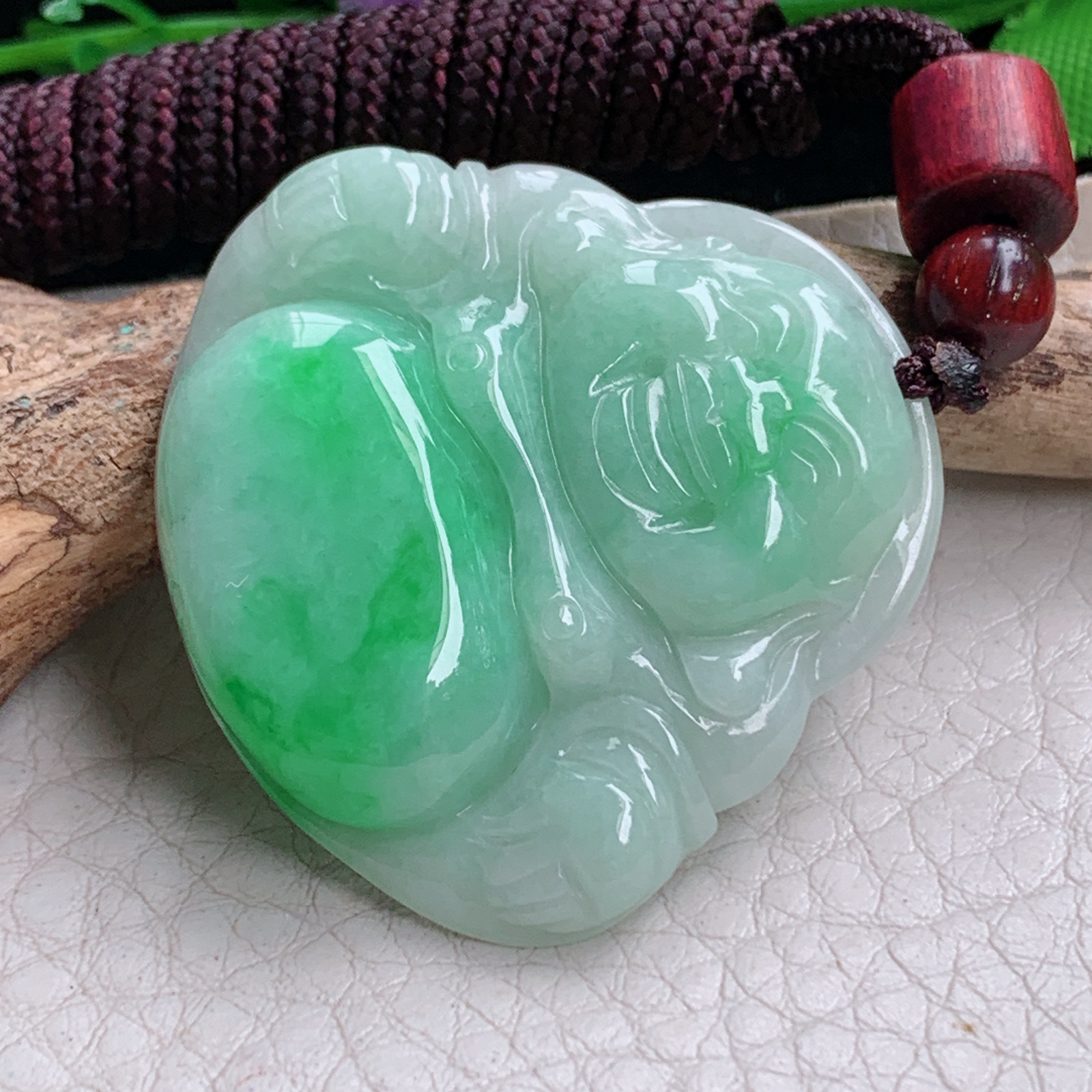 zen实拍34.5*36.8*6.2缅甸天然翡翠a货精雕飘阳绿佛公玉项坠 玉挂件