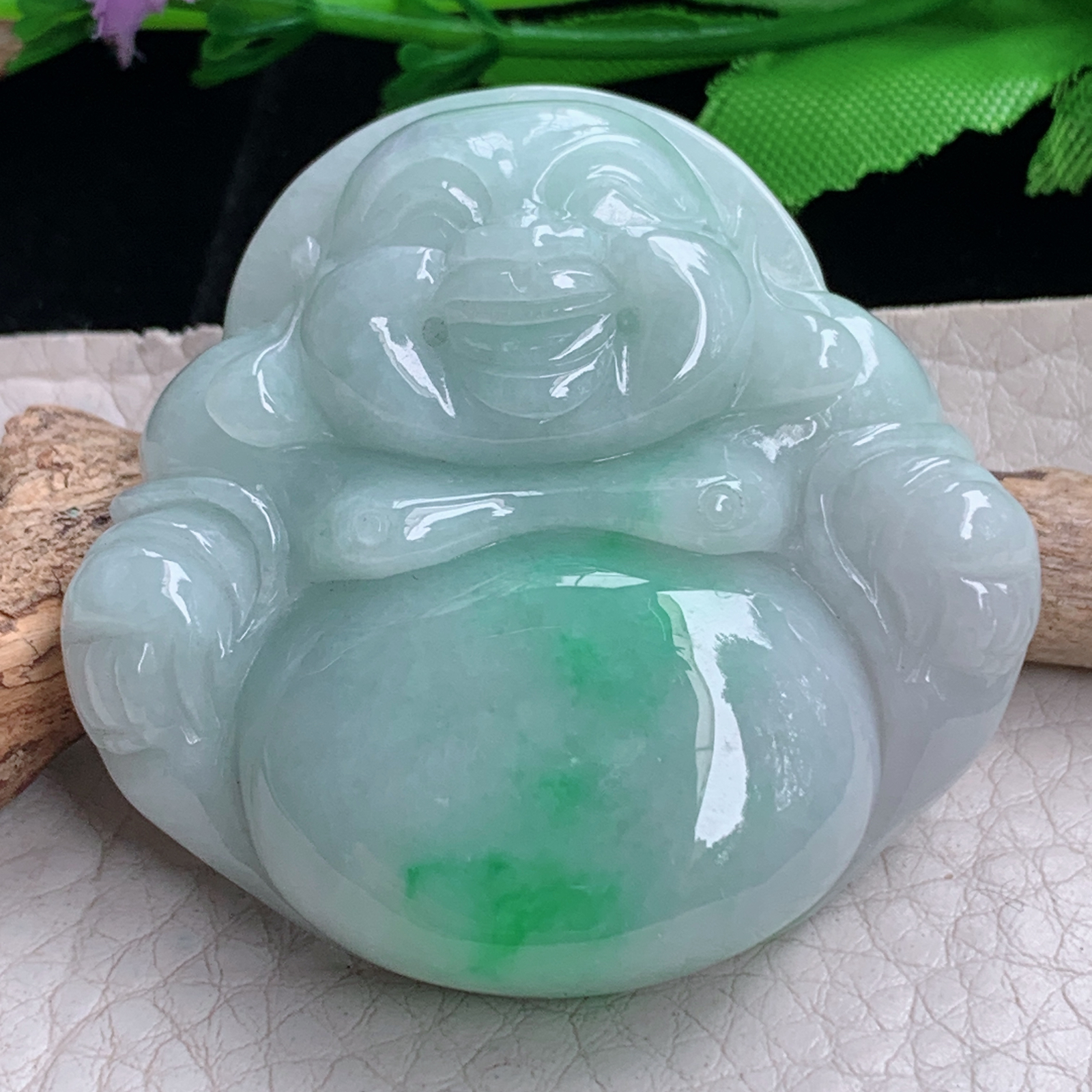 zen实拍45.5*47.5*12.8缅甸天然翡翠a货精雕飘绿大佛公玉项坠 玉挂件