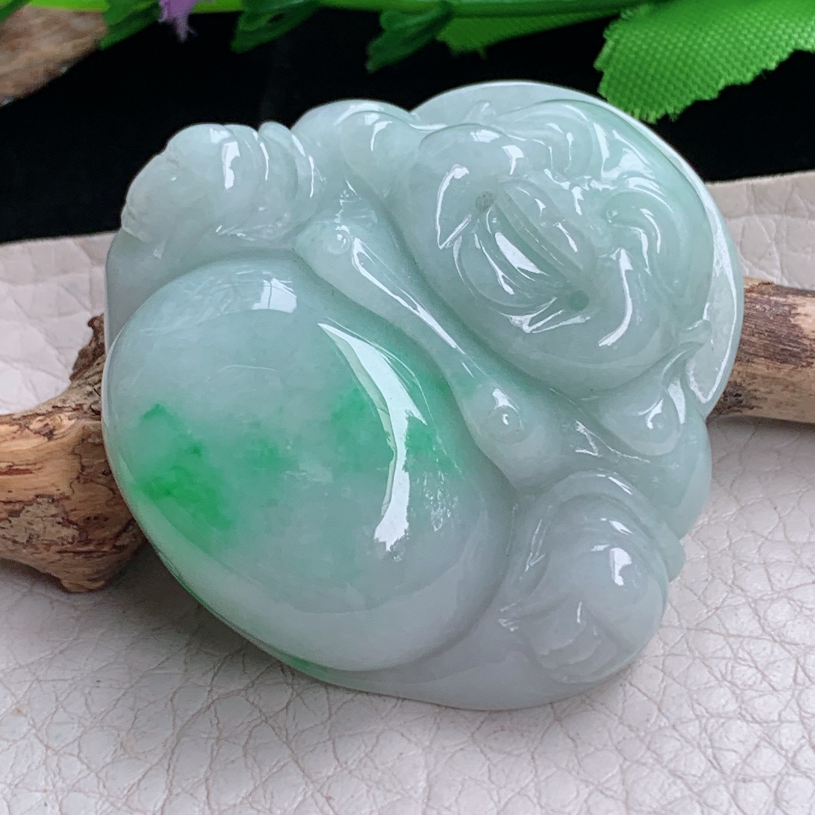 zen实拍45.5*47.5*12.8缅甸天然翡翠a货精雕飘绿大佛公玉项坠 玉挂件