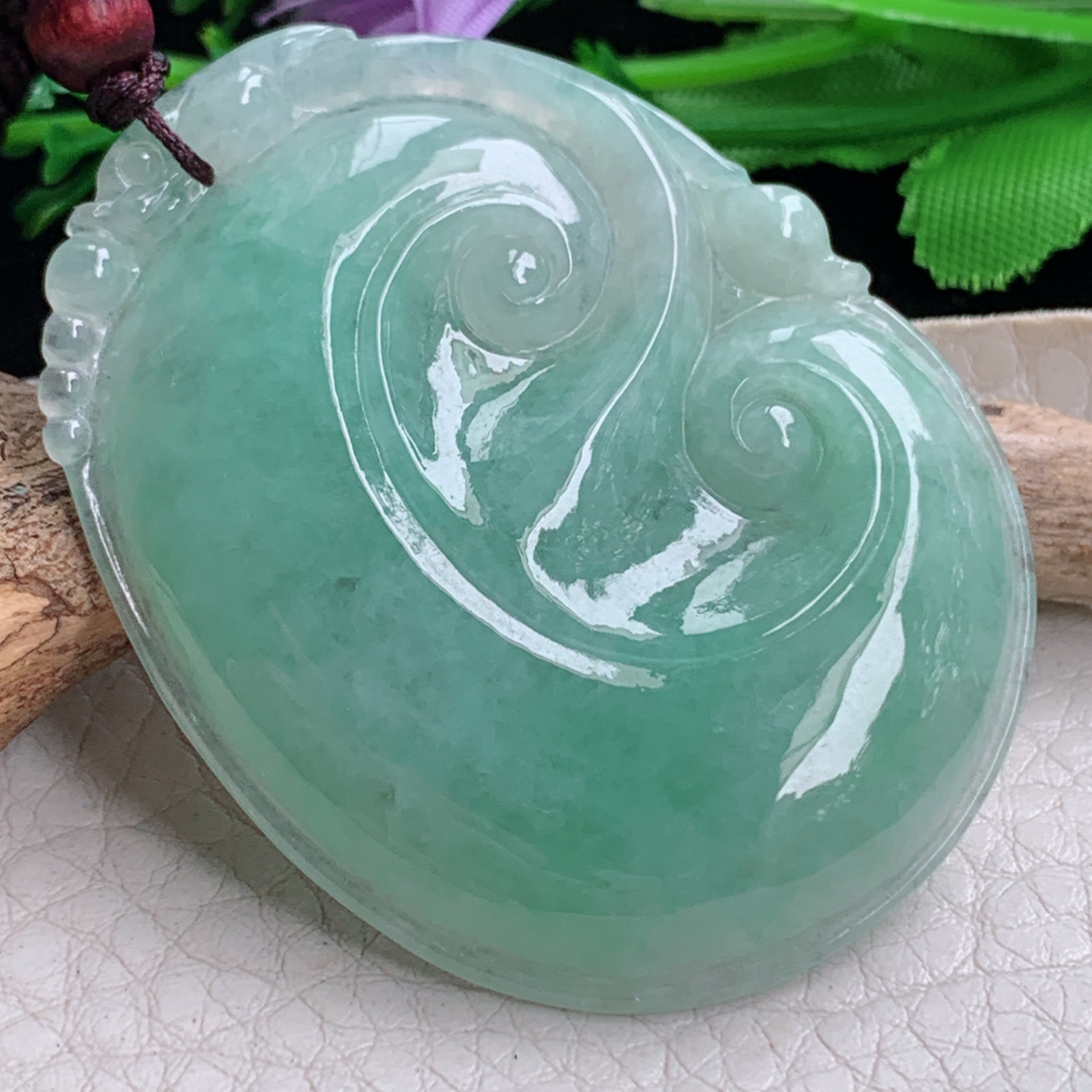 zen实拍52.7*40.8*6缅甸天然翡翠a货精雕满绿大如意玉项坠 玉挂件