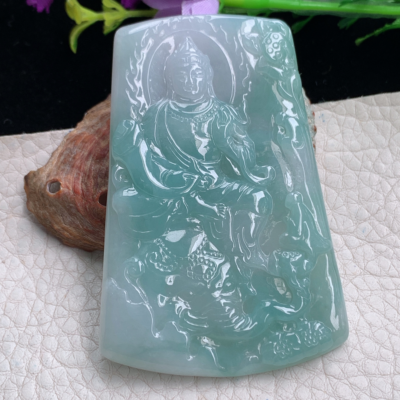 kh实拍69.2*45*5天然缅甸翡翠冰飘花普贤观音吊坠 守护神菩萨