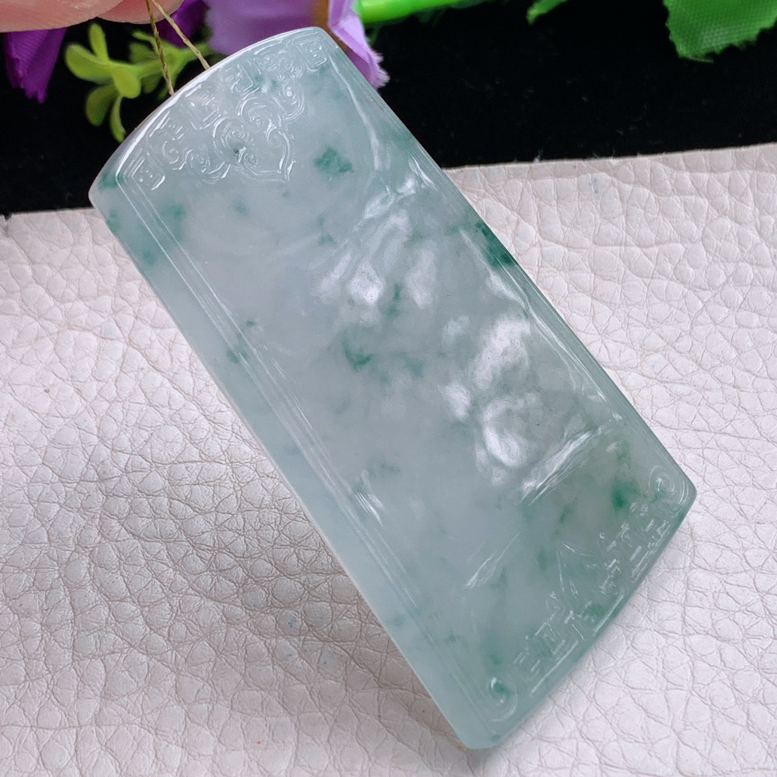ktj实拍67*40*5.2天然缅甸翡翠冰飘花雕花平安无事牌吊坠四六牌男款素牌