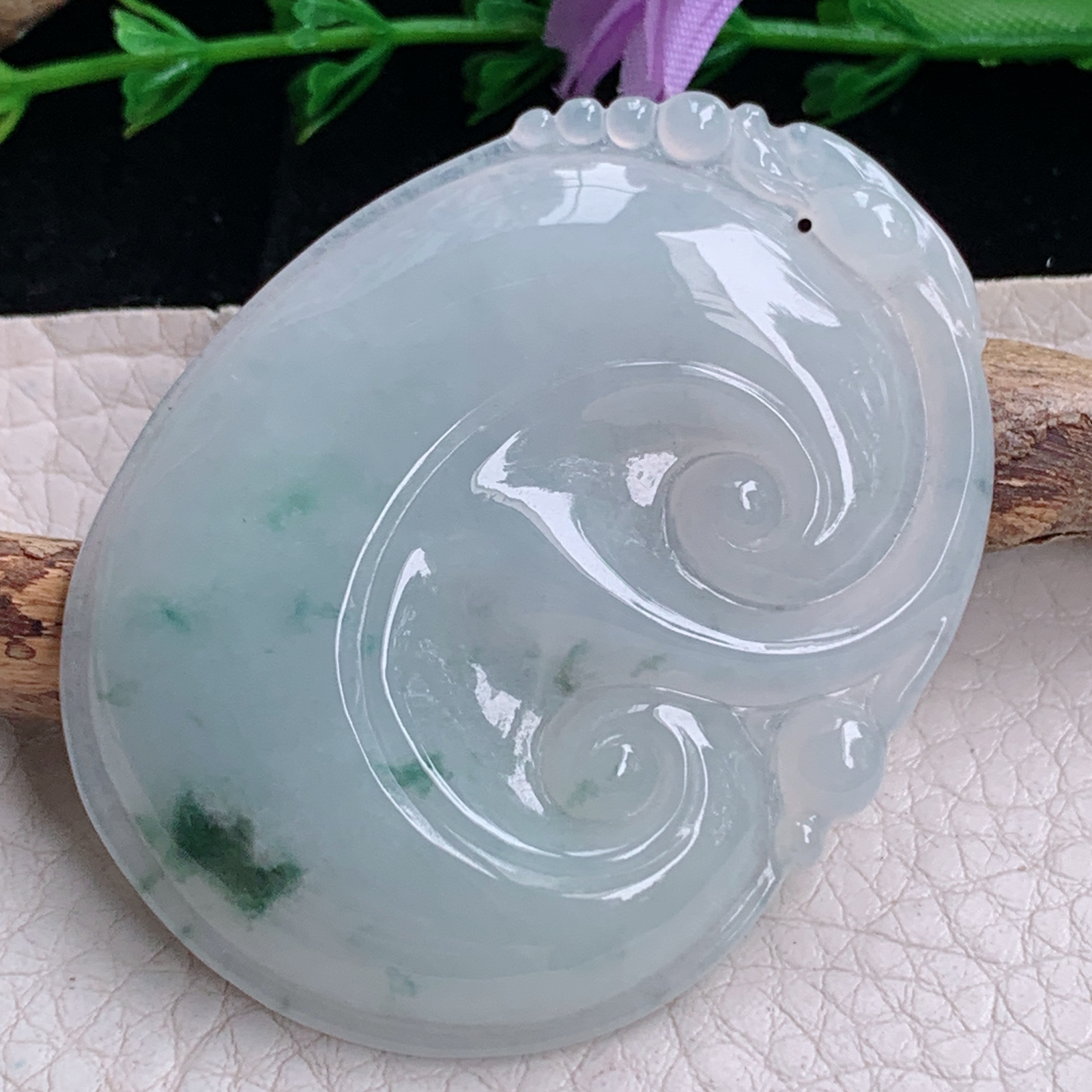 zen实拍53.8*41*6缅甸天然翡翠a货精雕清爽飘花大如意玉项坠 玉挂件