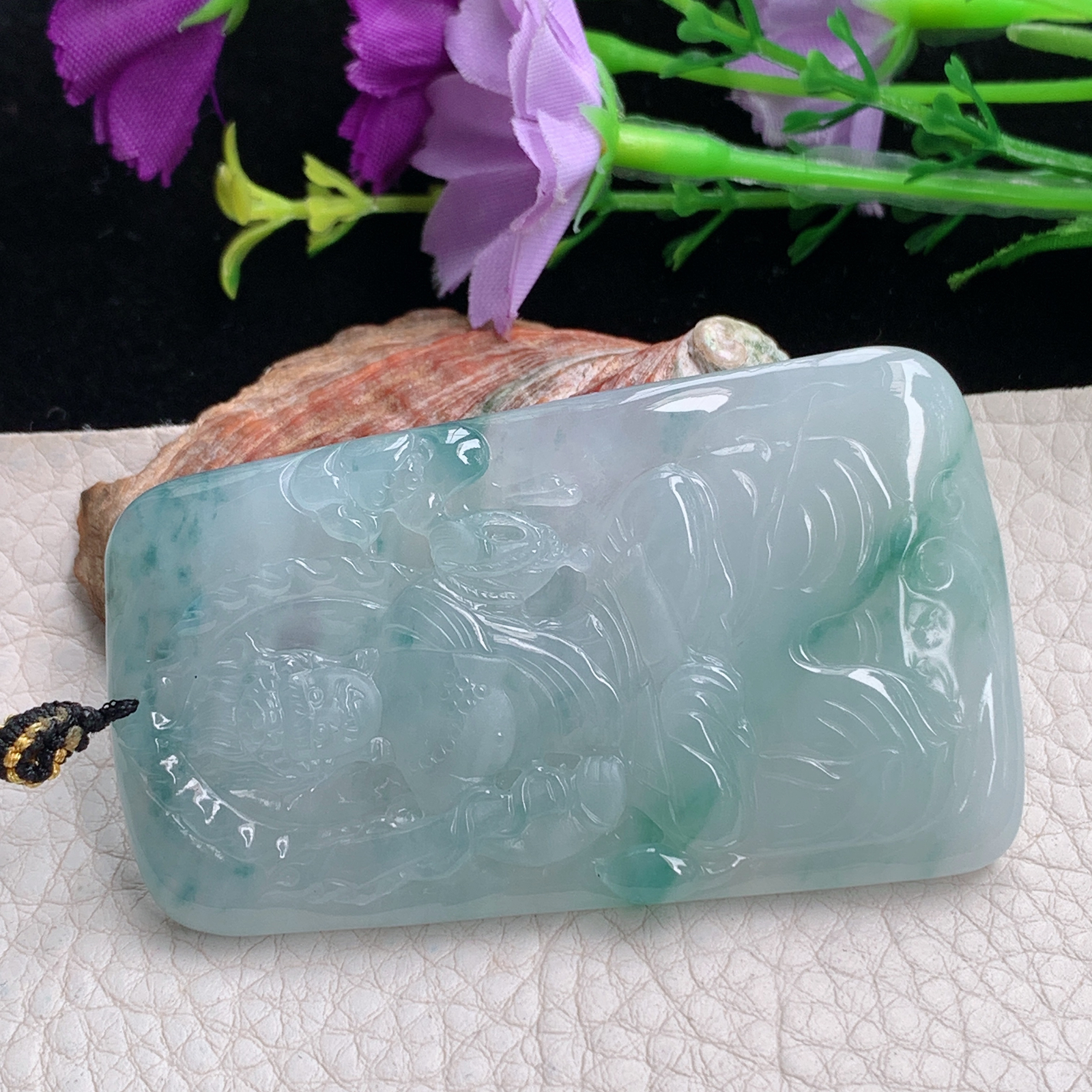 kh实拍66.3*38.8*6天然缅甸翡翠冰飘花不动明王吊坠虚空藏菩萨