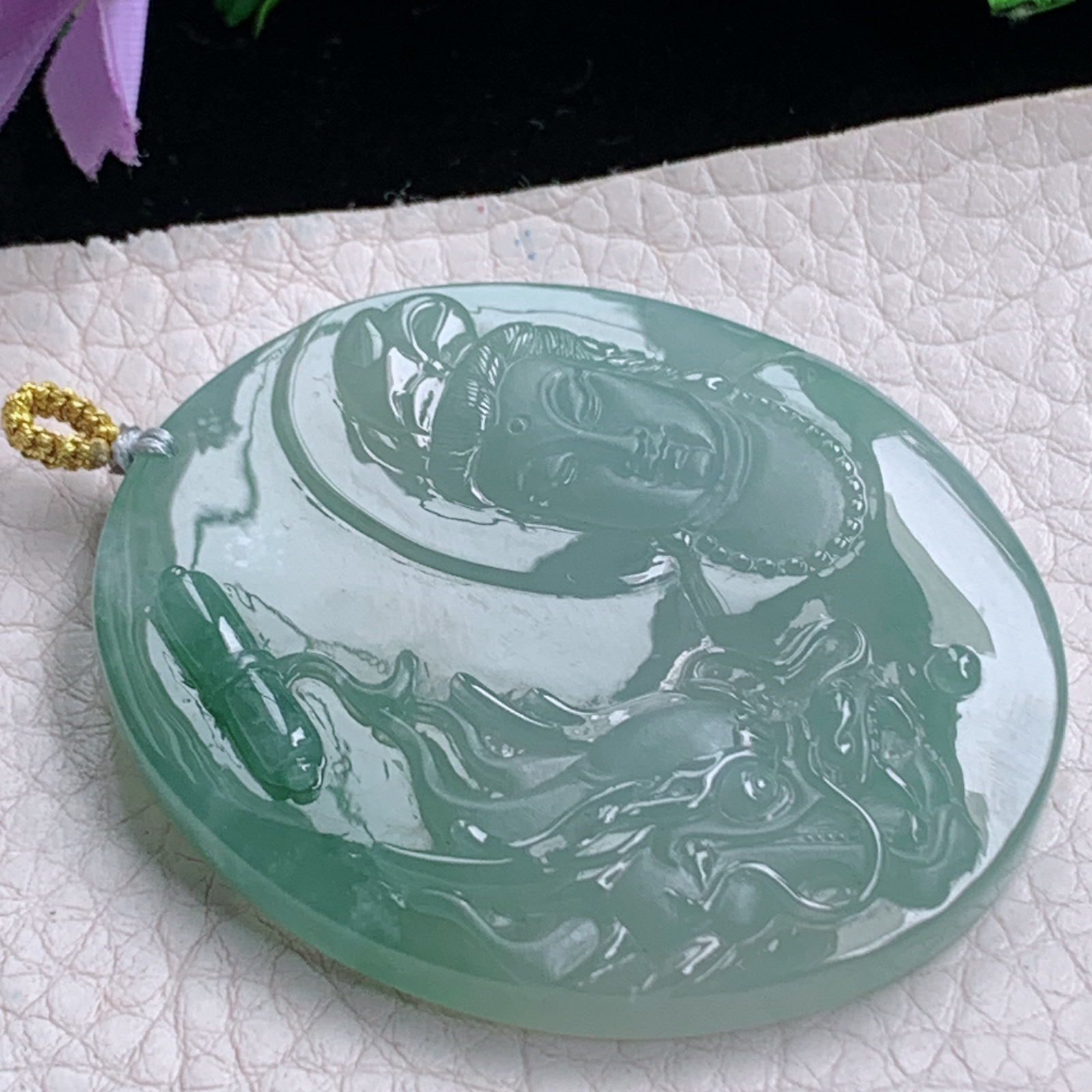 rp实拍52*44*7.5天然缅甸翡翠冰透水绿御龙观音吊坠厚装观音头守护神