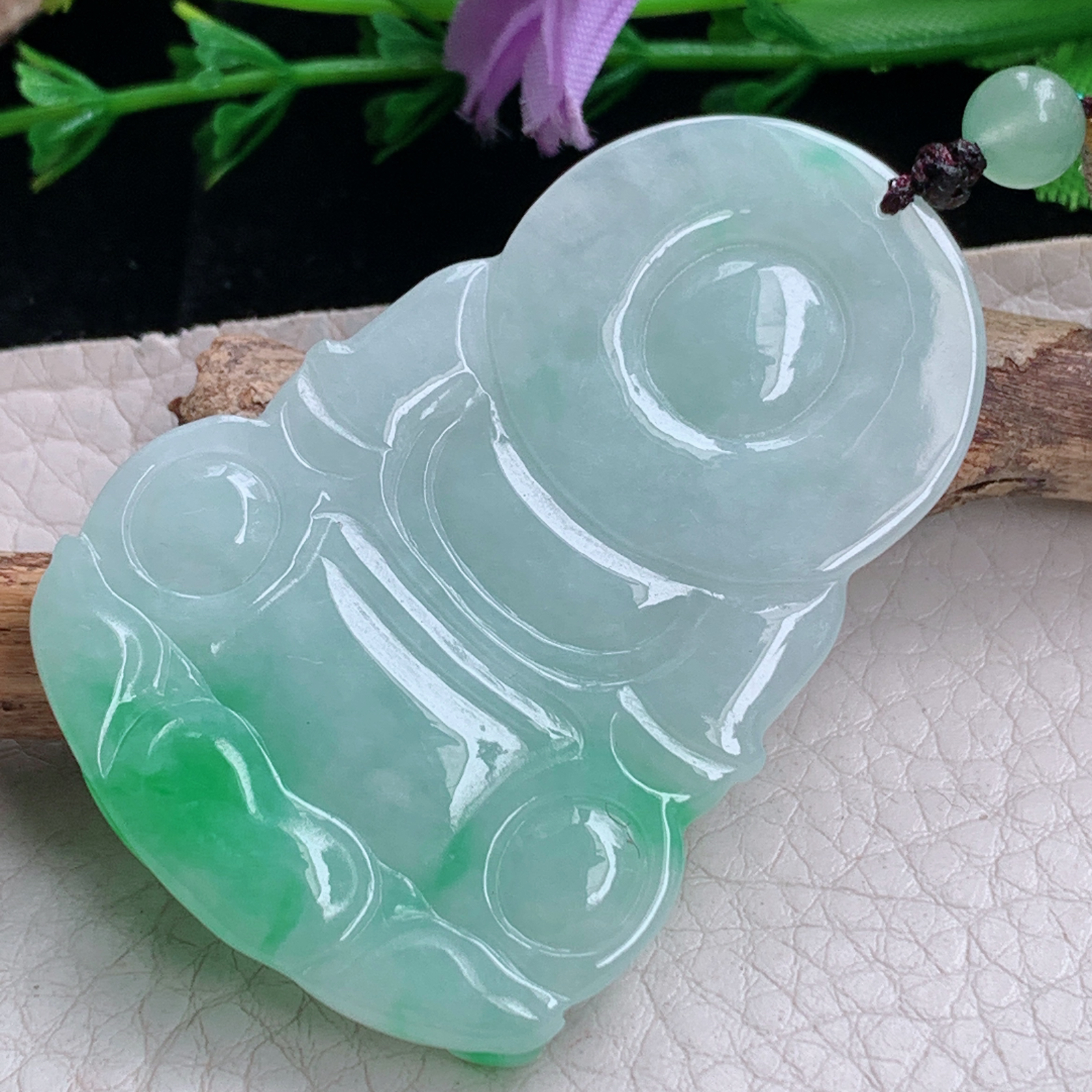 zen实拍52.8*35.5*5.6缅甸天然翡翠a货精雕清爽飘阳绿观音玉项坠 玉挂件