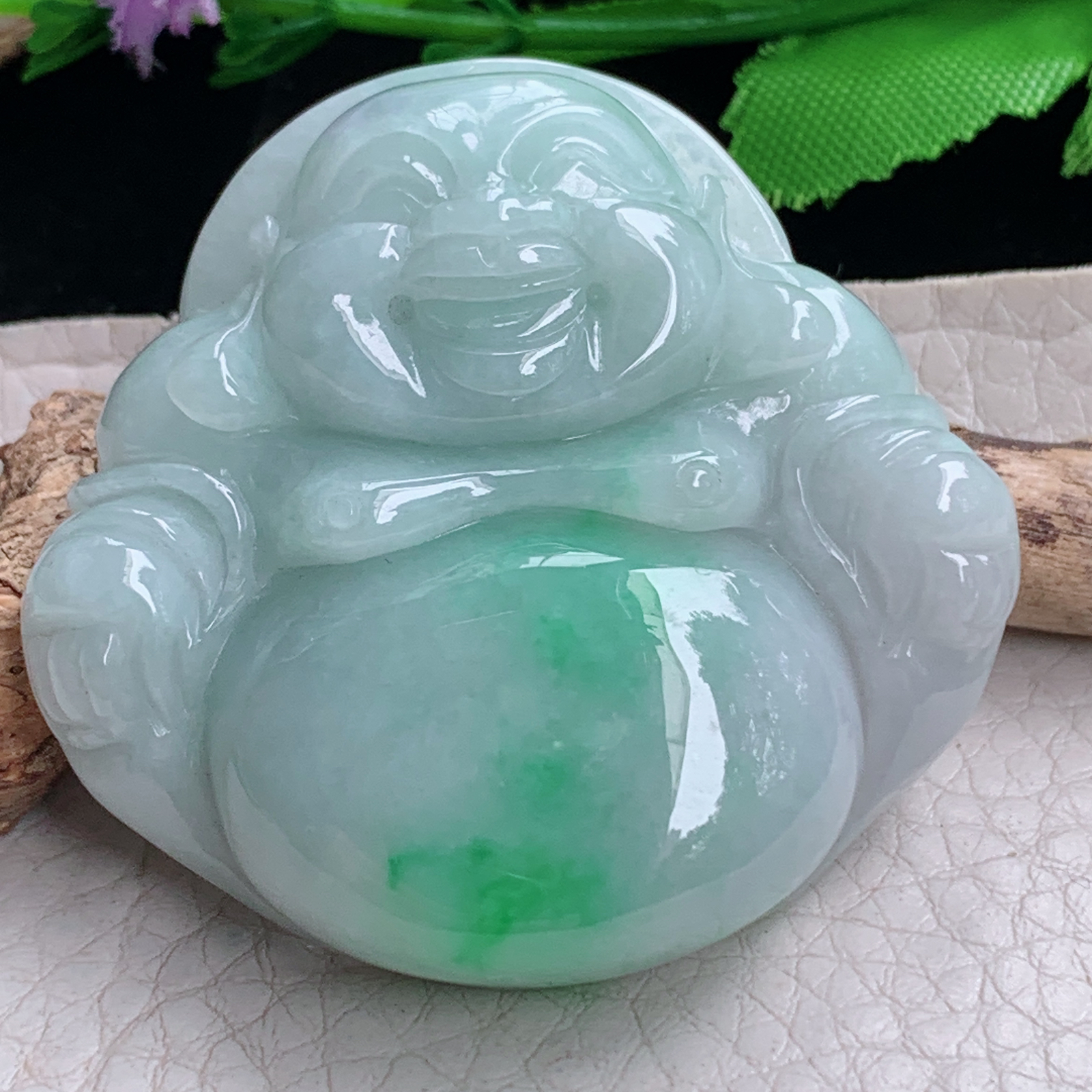 zen实拍45.5*47.5*12.8缅甸天然翡翠a货精雕飘绿大佛公玉项坠 玉挂件