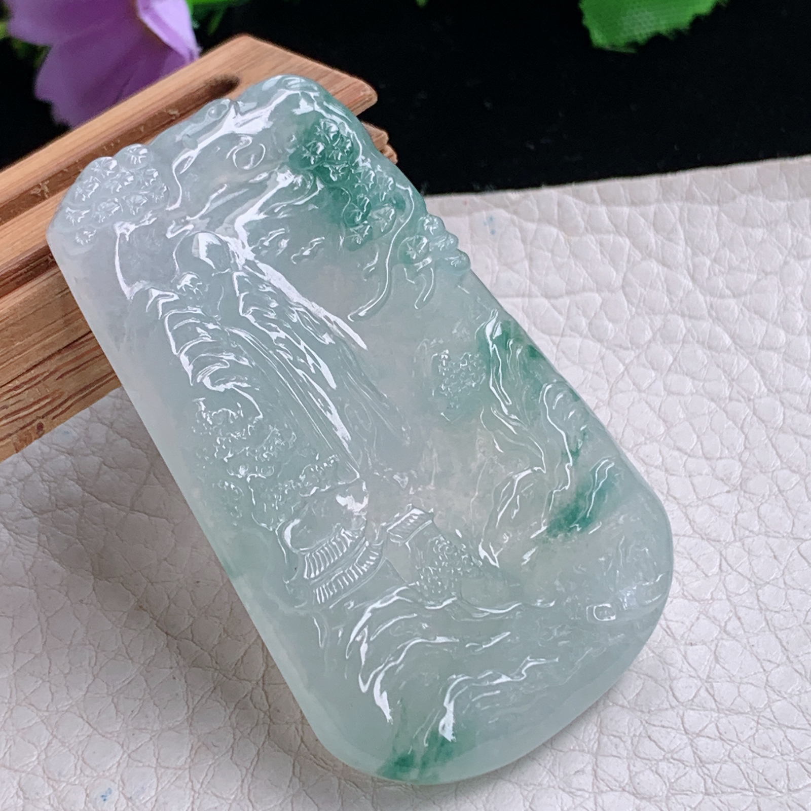 ktj实拍60*36.5*5.7天然缅甸翡翠冰透飘花山水牌吊坠高山流水项坠