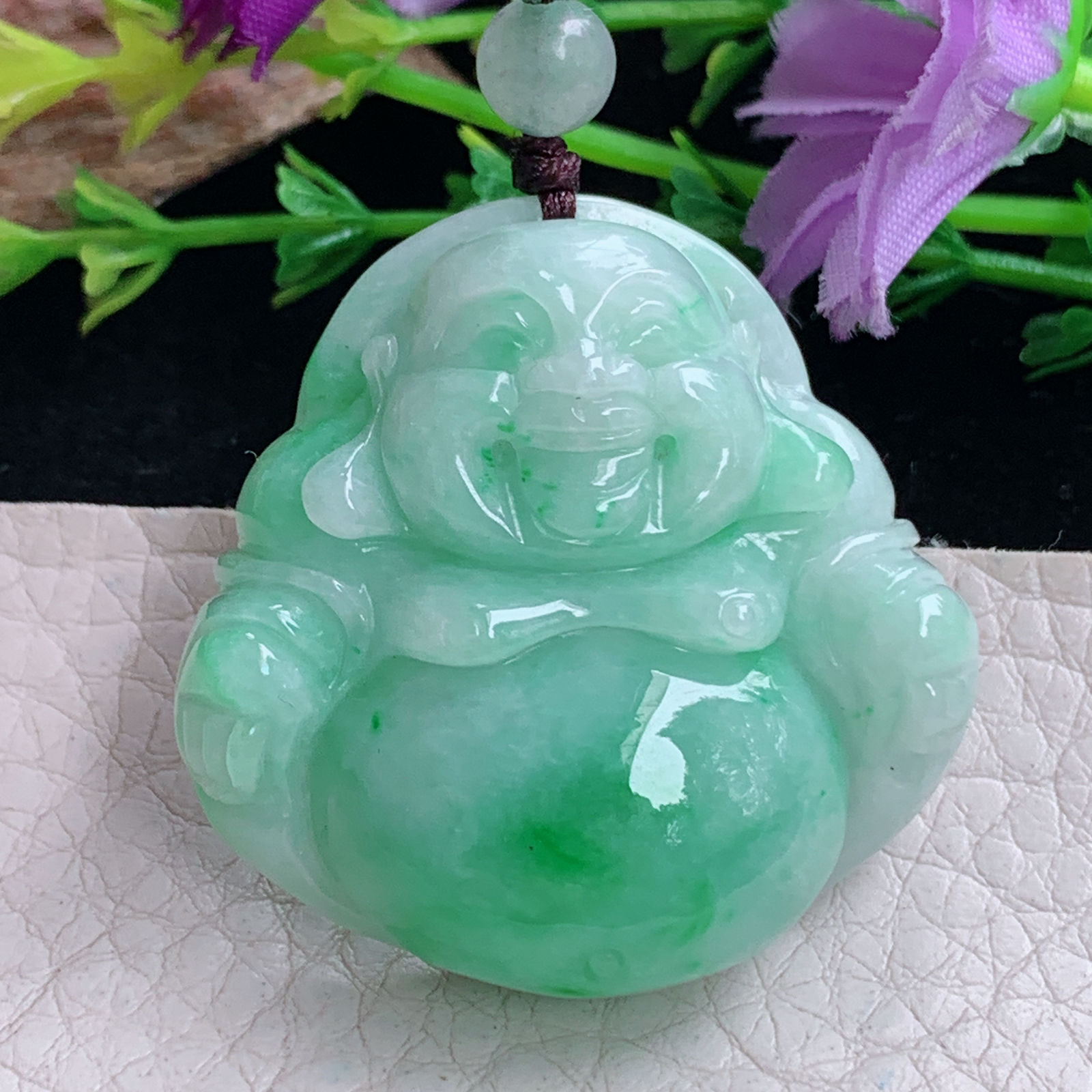 zen实拍37.3*38*11.5缅甸天然翡翠a货精雕清爽辣绿佛公玉项坠 玉挂件