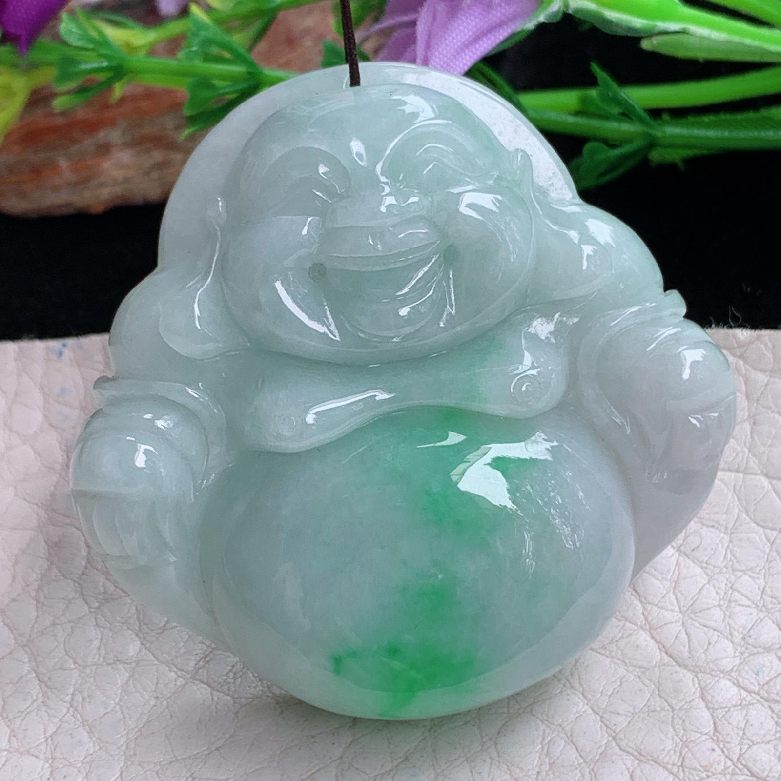zen实拍45.5*47.5*12.8缅甸天然翡翠a货精雕飘绿大佛公玉项坠 玉挂件