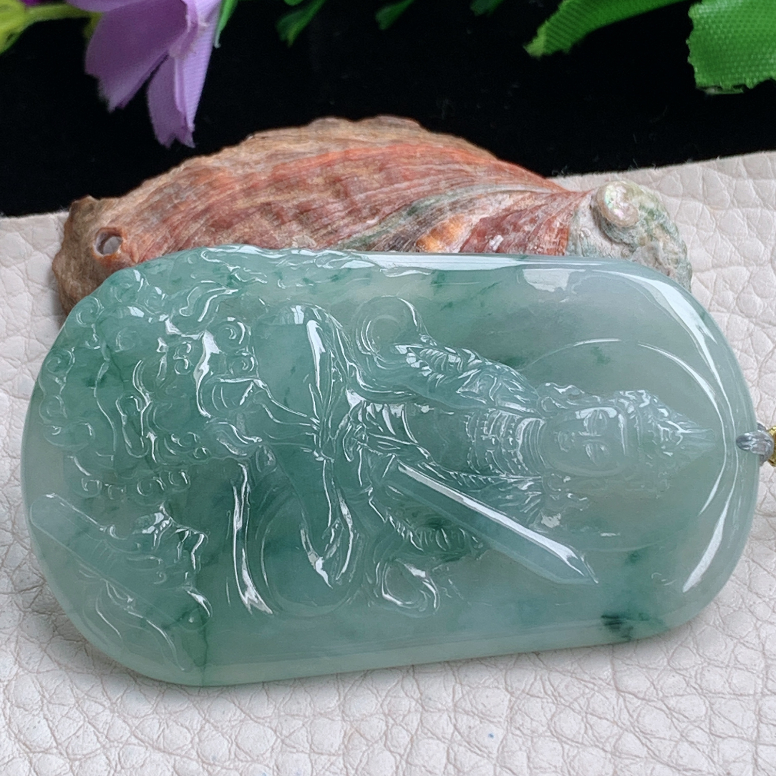 rp实拍64*38.6*5.8天然缅甸翡翠冰透飘花文殊观音吊坠生肖守护神菩萨