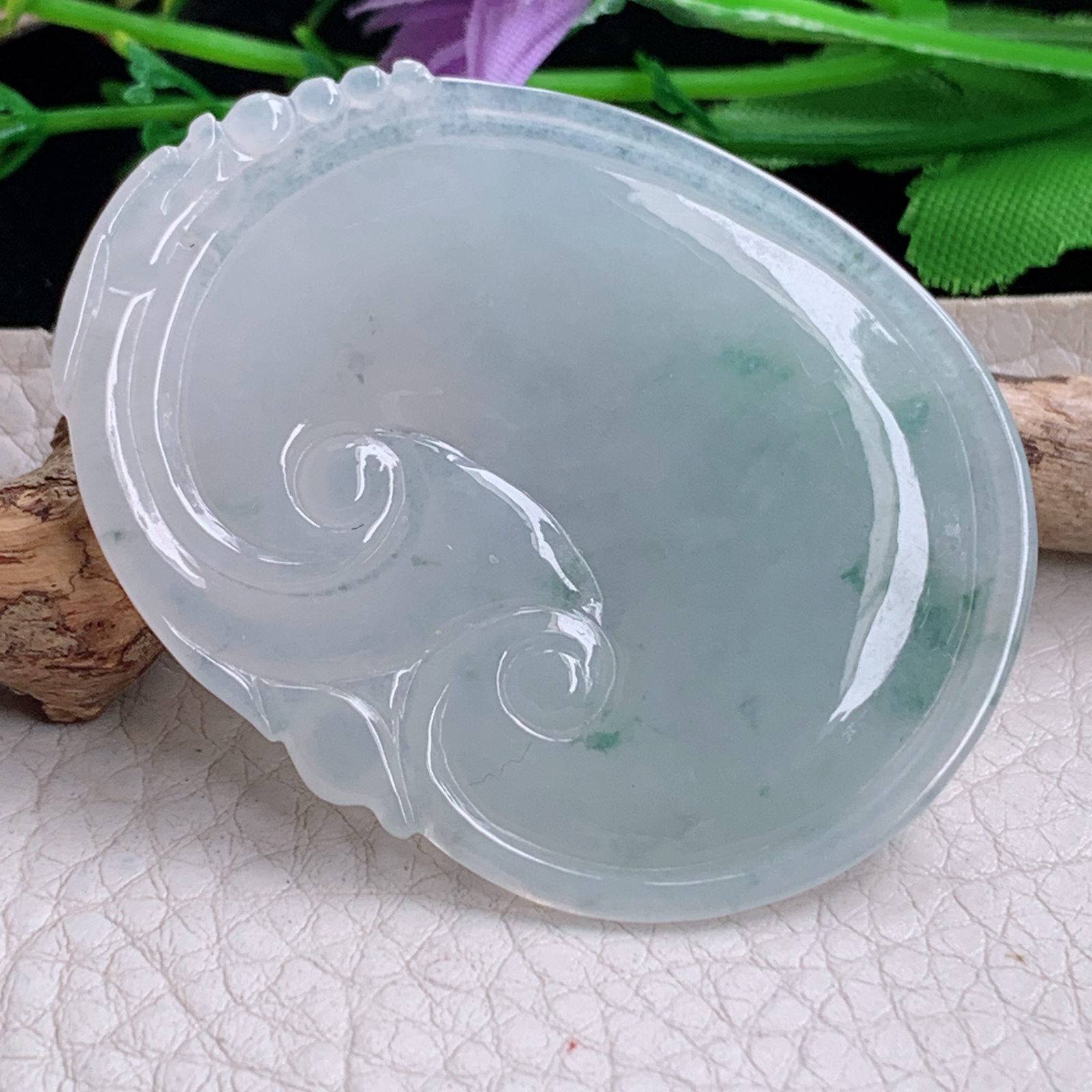 zen实拍53.8*41*6缅甸天然翡翠a货精雕清爽飘花大如意玉项坠 玉挂件