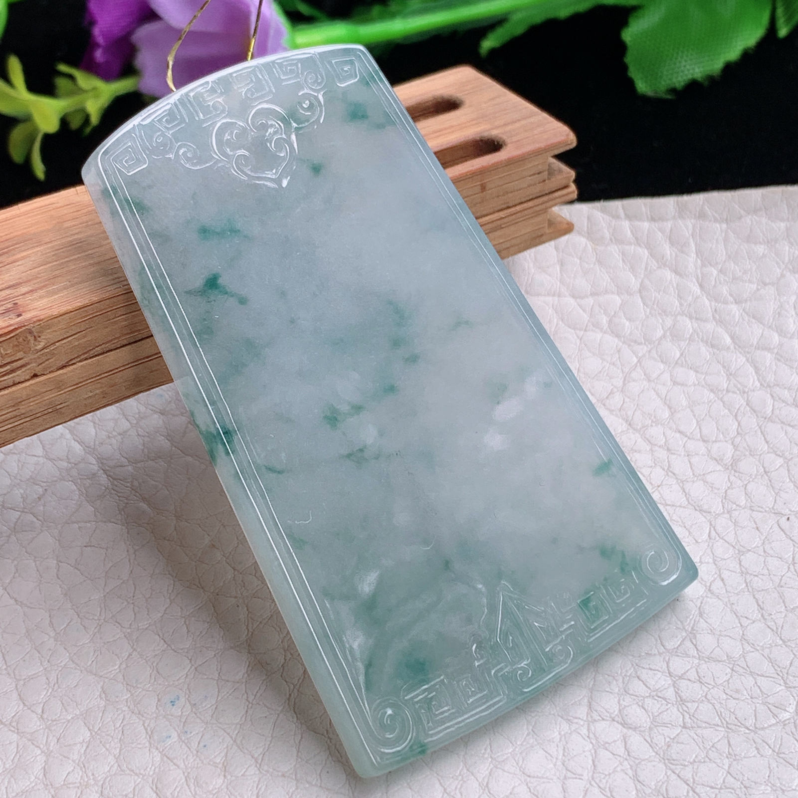 ktj实拍67*40*5.2天然缅甸翡翠冰飘花雕花平安无事牌吊坠四六牌男款素牌