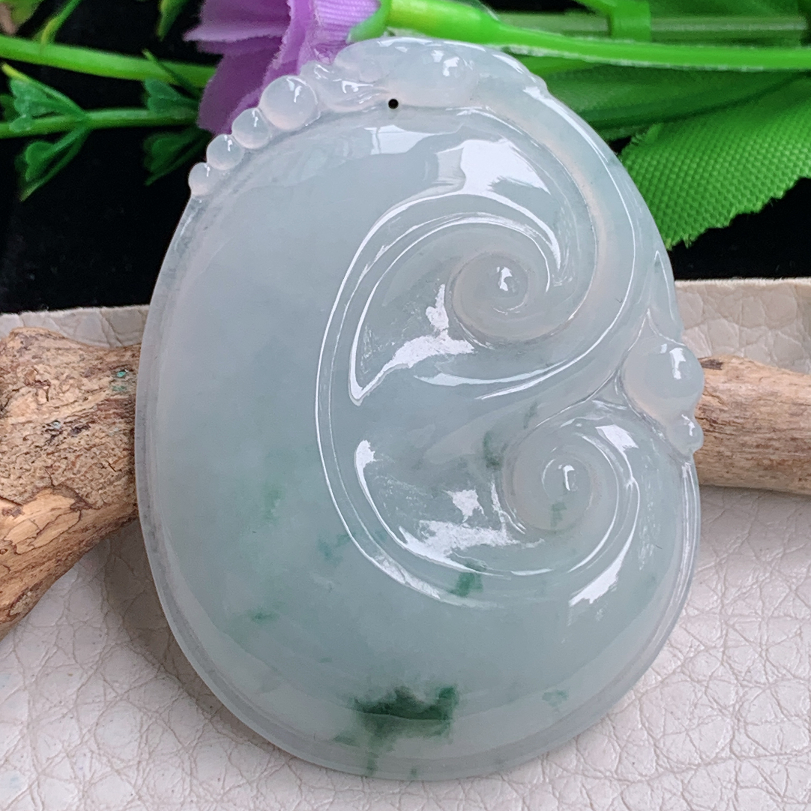 zen实拍53.8*41*6缅甸天然翡翠a货精雕清爽飘花大如意玉项坠 玉挂件