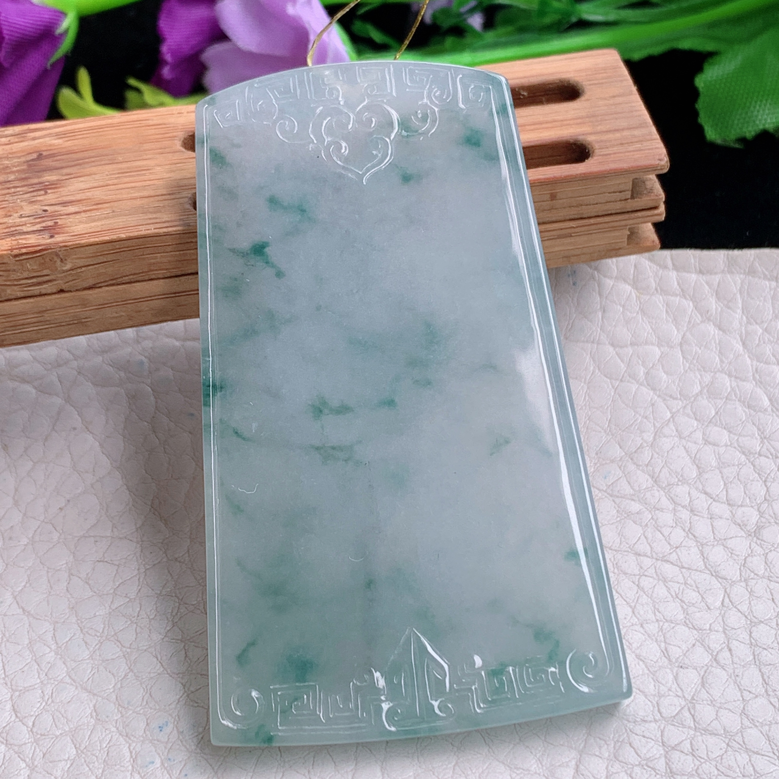 ktj实拍67*40*5.2天然缅甸翡翠冰飘花雕花平安无事牌吊坠四六牌男款素牌