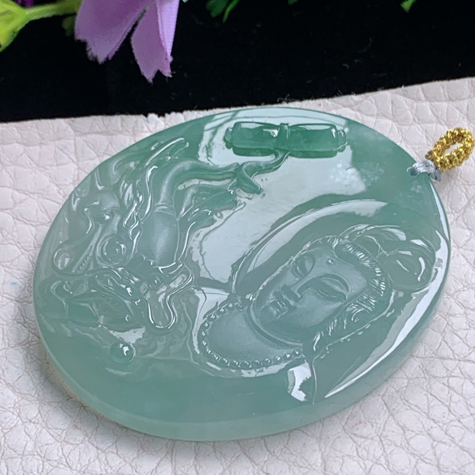 rp实拍52*44*7.5天然缅甸翡翠冰透水绿御龙观音吊坠厚装观音头守护神