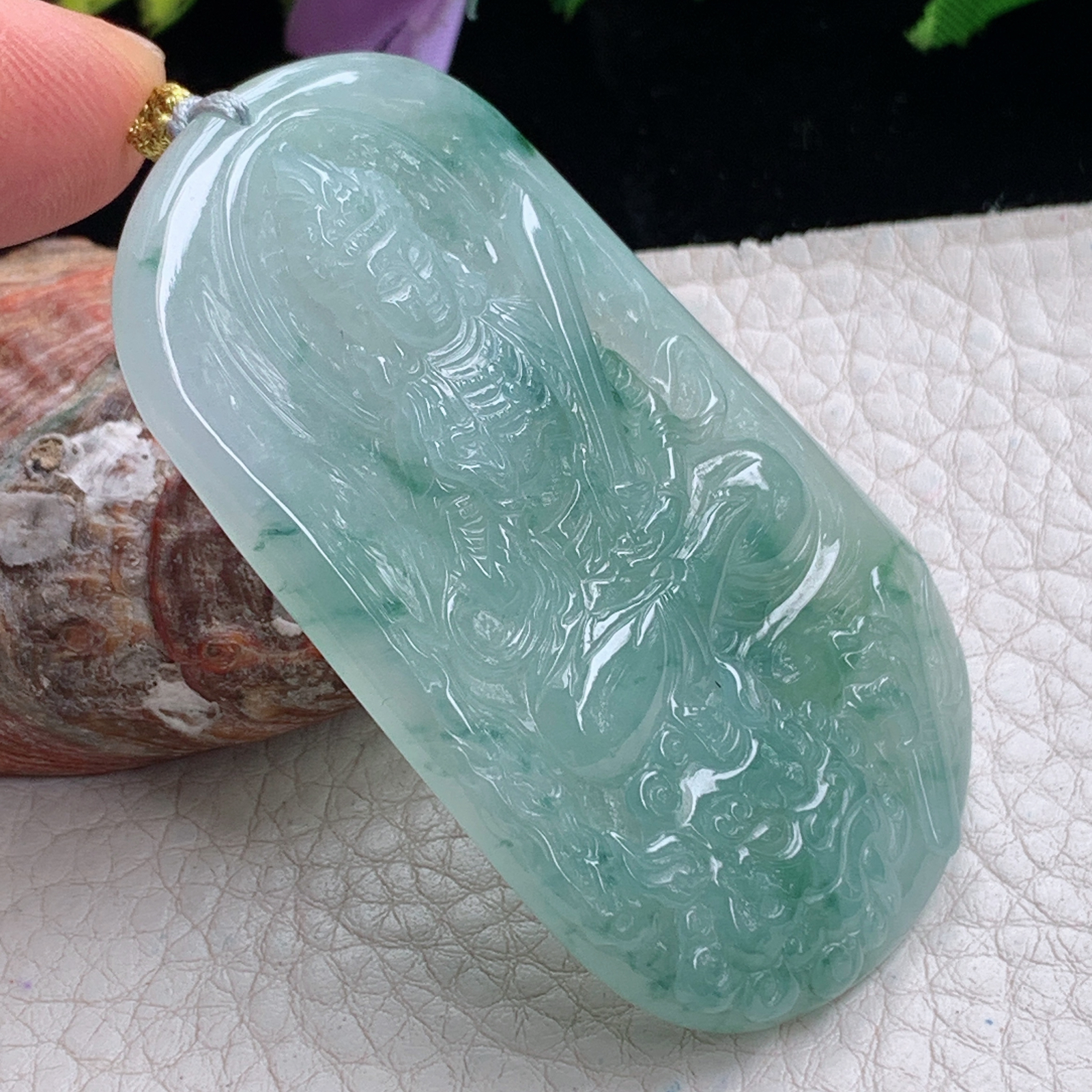 rp实拍64*38.6*5.8天然缅甸翡翠冰透飘花文殊观音吊坠生肖守护神菩萨