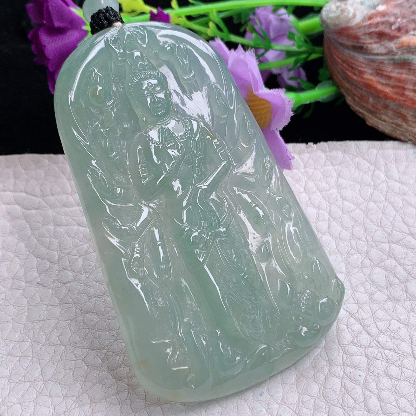 Csy实拍75.3*46.5*6.3缅甸翡翠睛水绿千手观音吊坠站观音菩萨