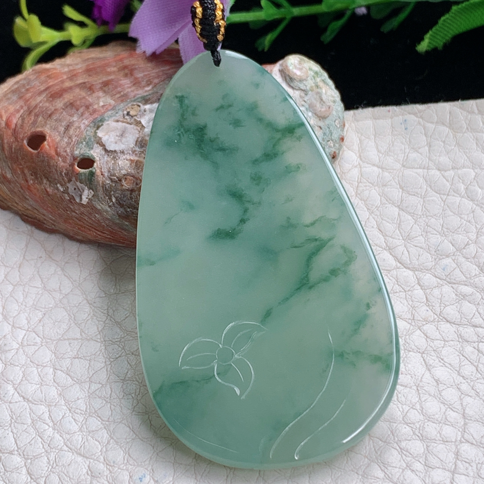 kh实拍63.2*34.6*5.5天然缅甸翡翠冰透飘花御龙观音吊坠虚空藏菩萨