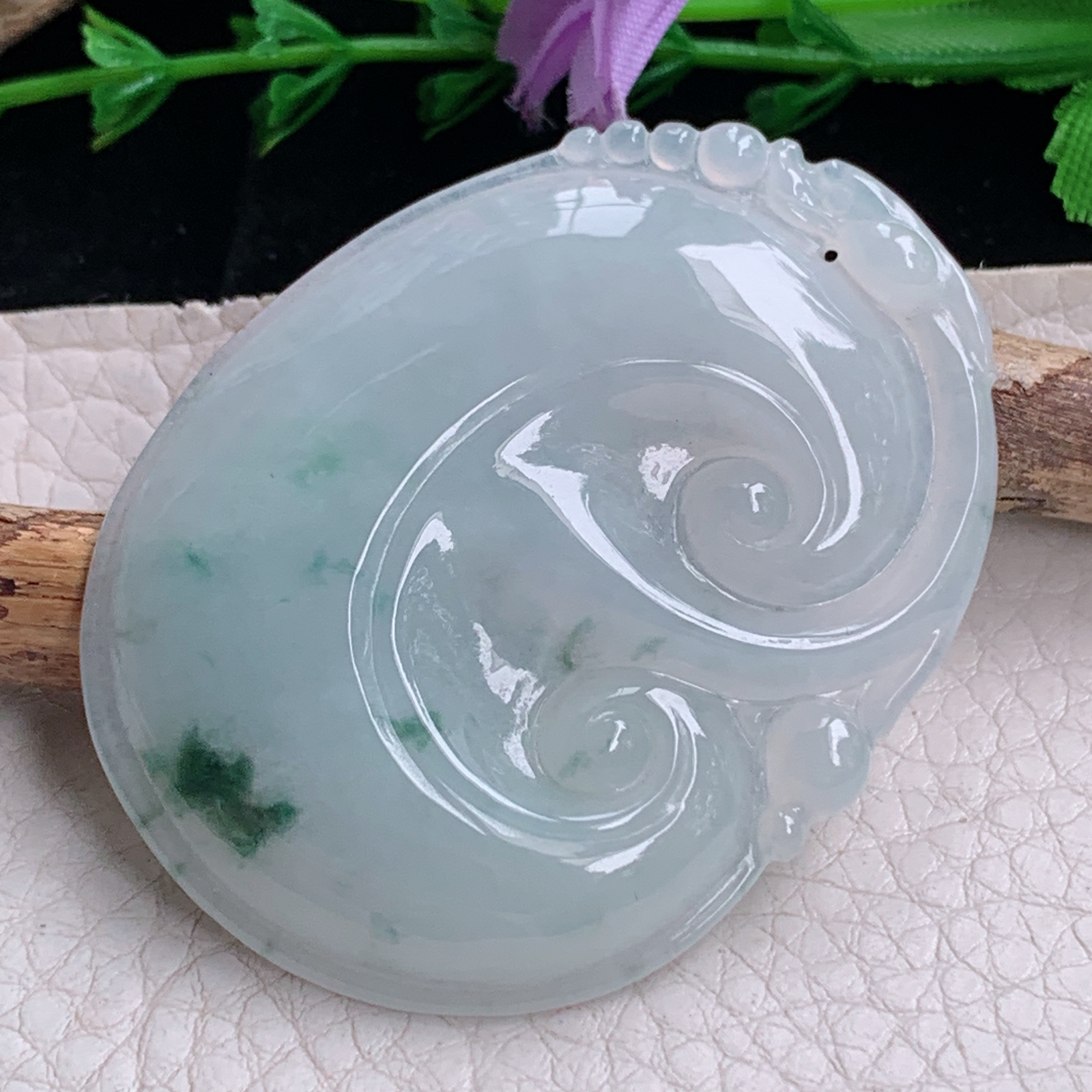 zen实拍53.8*41*6缅甸天然翡翠a货精雕清爽飘花大如意玉项坠 玉挂件