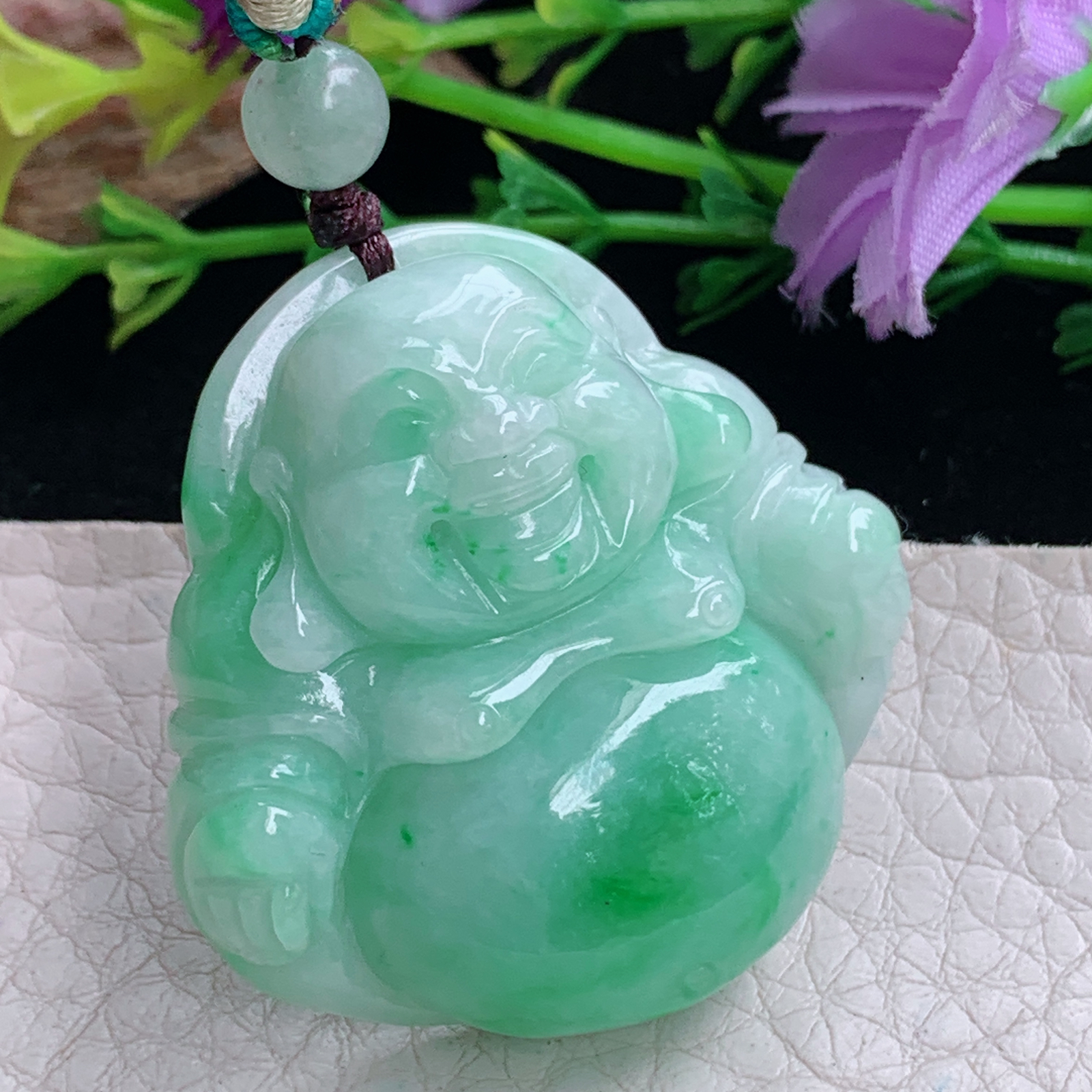 zen实拍37.3*38*11.5缅甸天然翡翠a货精雕清爽辣绿佛公玉项坠 玉挂件