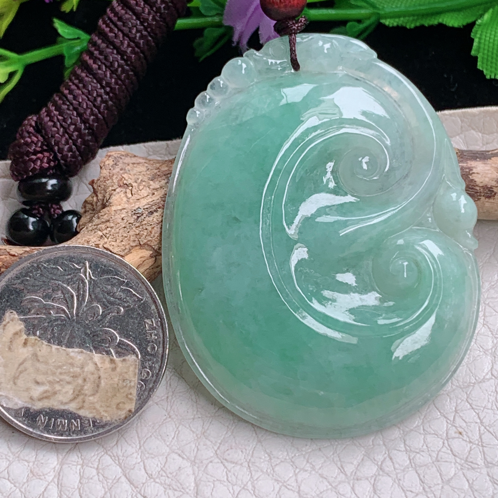 zen实拍52.7*40.8*6缅甸天然翡翠a货精雕满绿大如意玉项坠 玉挂件