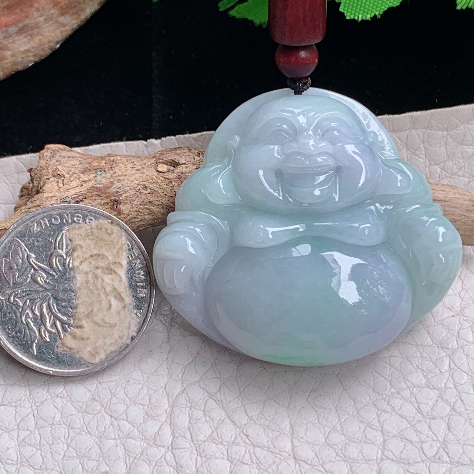 zen实拍41*45*11.3缅甸天然翡翠a货精雕春带彩佛公玉项坠 玉挂件