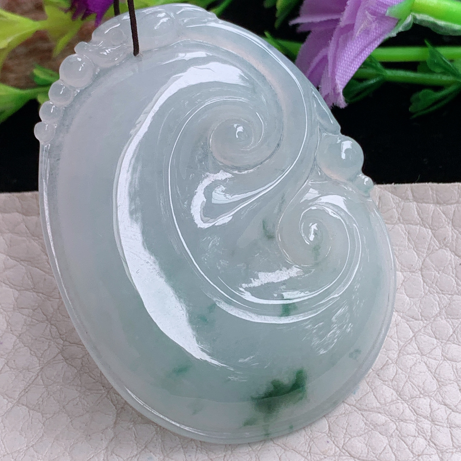 zen实拍53.8*41*6缅甸天然翡翠a货精雕清爽飘花大如意玉项坠 玉挂件