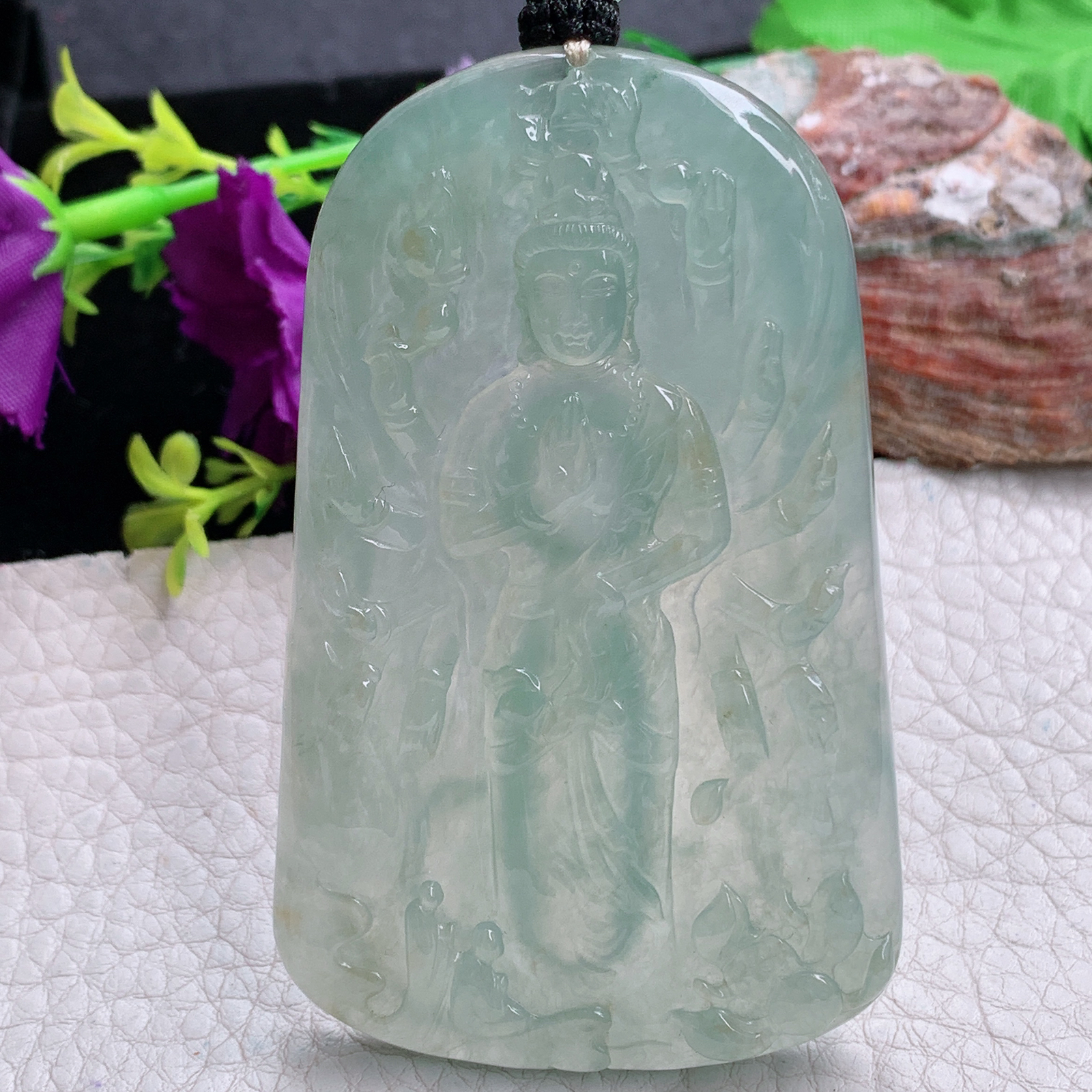 Csy实拍75.3*46.5*6.3缅甸翡翠睛水绿千手观音吊坠站观音菩萨